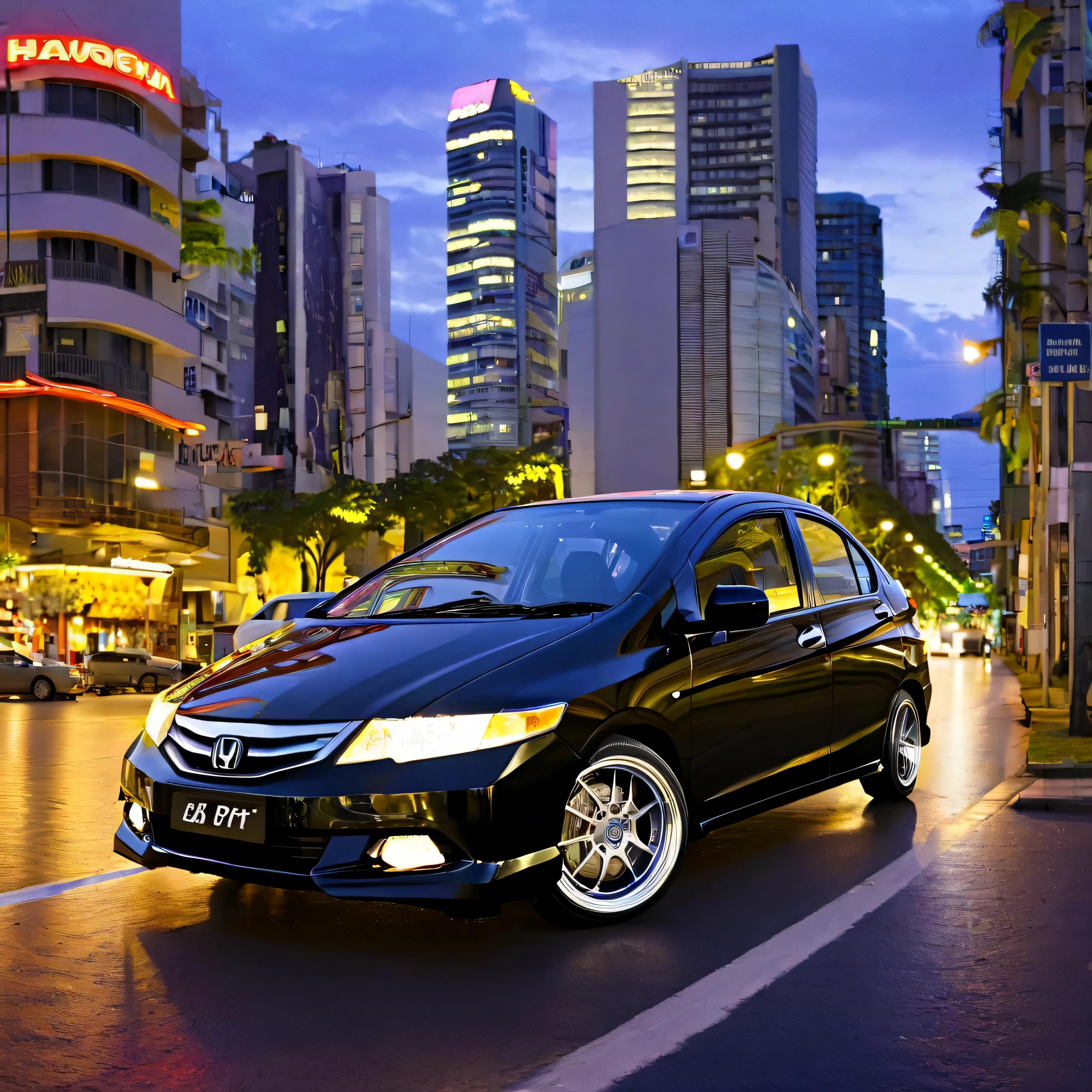 Generates a realistic image of a black 2011 Honda city sedan with silver Enkei NT03 wheels.  The car must be slightly lowered and parked on a street with visible double yellow lines.  dentro do carro uma mulher ao volante.  A foto deve ser tirada ao anoitecer, with the sun behind the car, and the car headlights must be on.   The image must be placed in a neon-lit area, reminiscent of São Paulo, (Av Paulista).  The area should be well lit and have lots of neon lights and more flowers.  The overall image should evoke a sense of excitement and nightlife, with the car as the centerpiece.  4D cinema