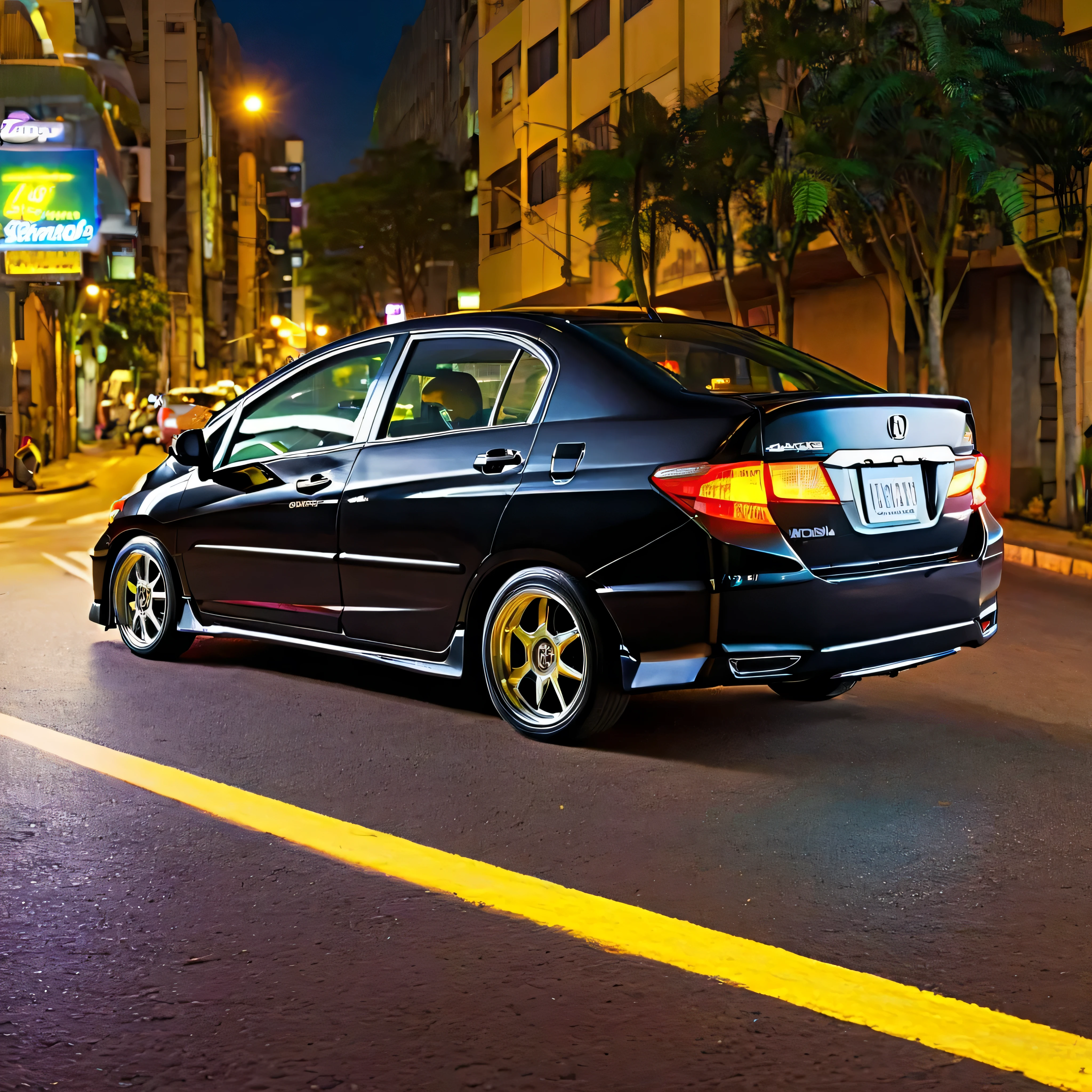 Generates a realistic image of a black 2011 Honda city sedan with silver Enkei NT03 wheels.  The car must be slightly lowered and parked on a street with visible double yellow lines.  dentro do carro uma mulher ao volante.  A foto deve ser tirada ao anoitecer, with the sun behind the car, and the car headlights must be on.   The image must be placed in a neon-lit area, reminiscent of São Paulo, (Av Paulista).  The area should be well lit and have lots of neon lights and more flowers.  The overall image should evoke a sense of excitement and nightlife, with the car as the centerpiece.  4D cinema