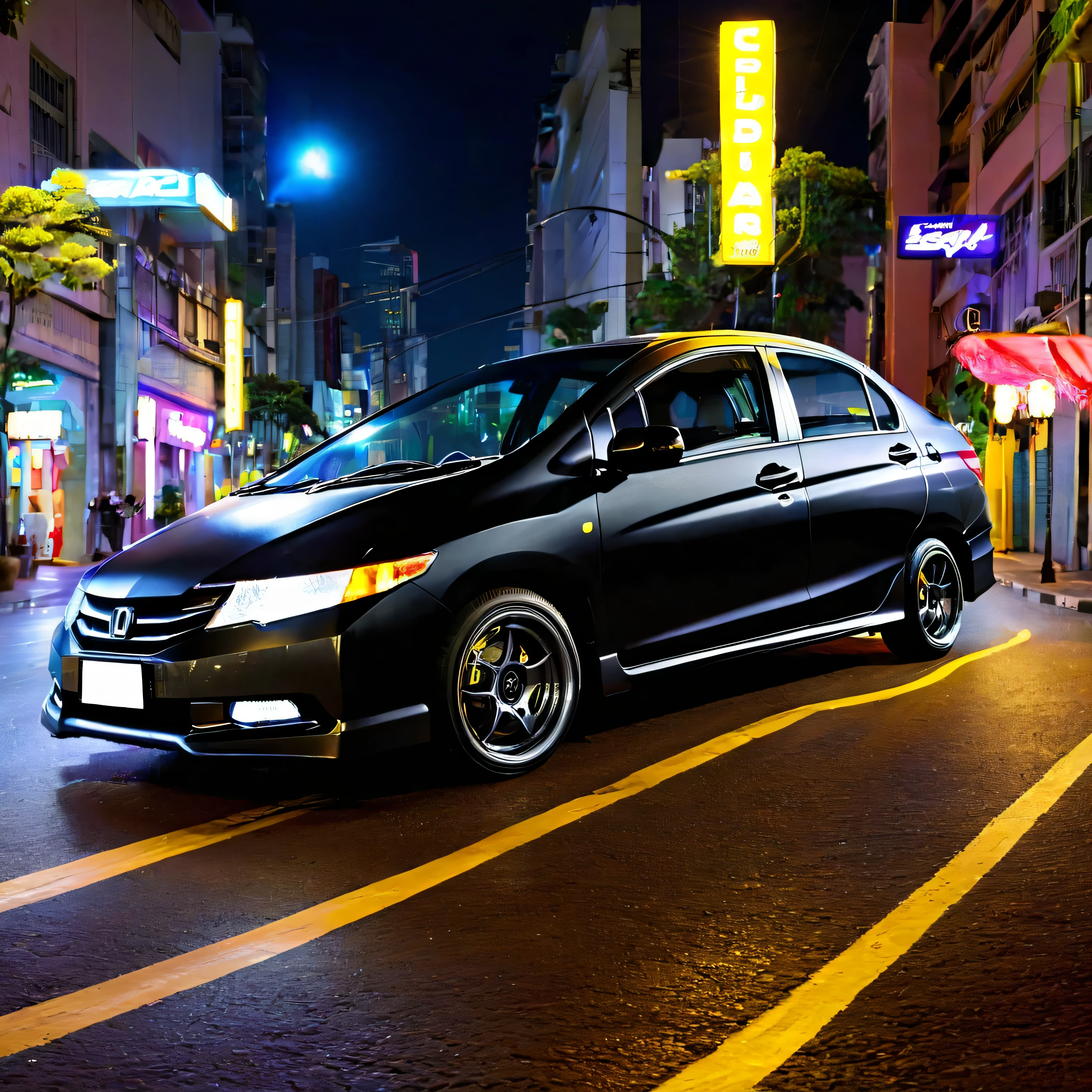 Generates a realistic image of a black 2011 Honda city sedan with silver Enkei NT03 wheels.  The car must be slightly lowered and parked on a street with visible double yellow lines.  dentro do carro uma mulher ao volante.  A foto deve ser tirada ao anoitecer, with the sun behind the car, and the car headlights must be on.   The image must be placed in a neon-lit area, reminiscent of São Paulo, (Av Paulista).  The area should be well lit and have lots of neon lights and more flowers.  The overall image should evoke a sense of excitement and nightlife, with the car as the centerpiece.  4D cinema