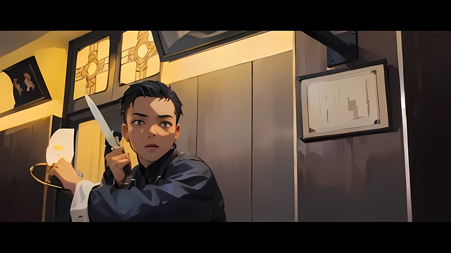 Best quality, very detailed, background matches the picture, anime boy, holding a knife, anime face, handsome 