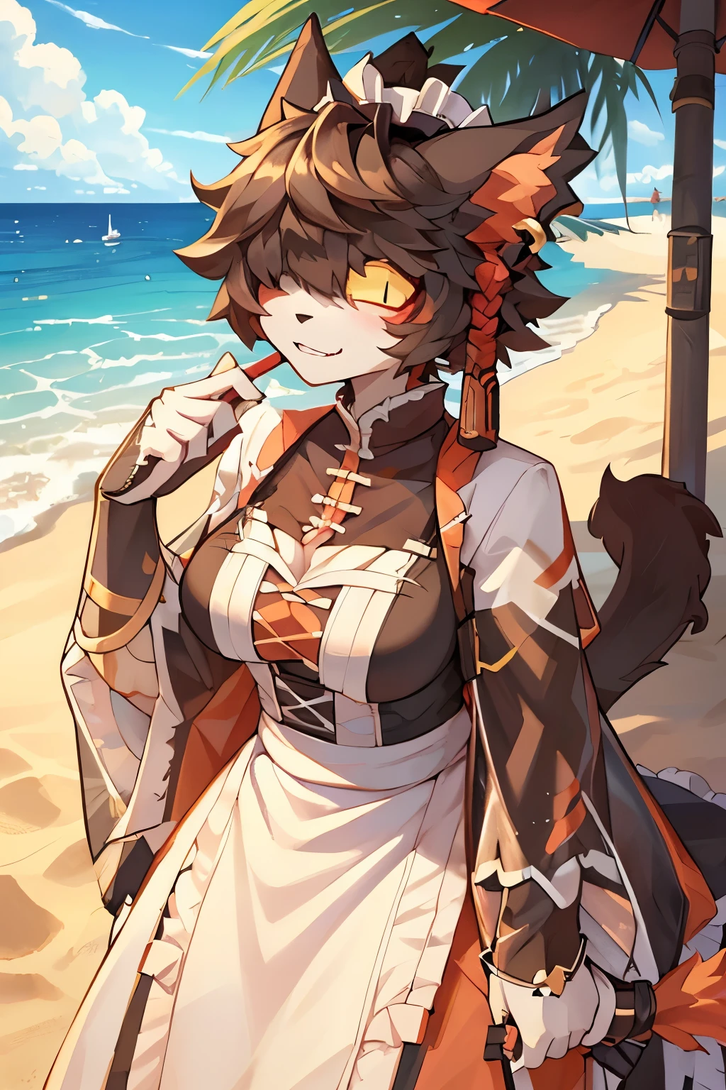 ((best quality, masterpiece, perfect anatomy, detailed picture)), furry, 1female, Aak, (Arknights), breasts, yellow sclera, cat tail, maid outfit, red blushing, in the beach,