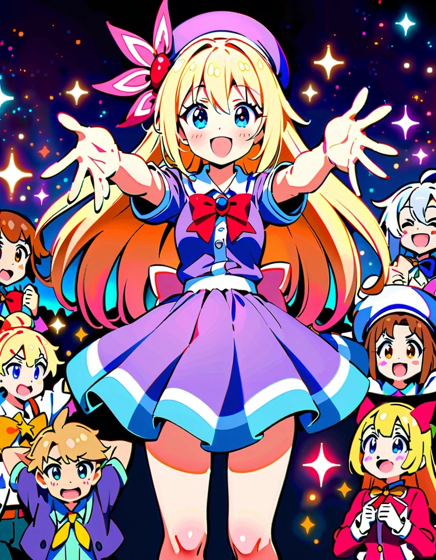 《Blessings to a wonderful world》Anime characters taking photos，KONOSUBA style，Colorful school uniforms，White-haired girl in purple clothes，Blonde girl wearing pink hat，Brunette man in blue shirt，red velvet stage，Candle decoration，Purple cloth background，full-body shot，2D art，High quality details，cute style，bright colors，Full of energy，Magical girl on stage，Vibrant dynamic poses and whimsical costumes, Surrounded by sparkling effects and charming ambience, Capture joyful celebration moments, Detailed character expressions, High-quality anime aesthetics
