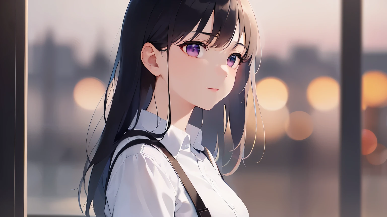 side angle, (looking away:1.5), Upper Body, Realistic, real person, (pale skin: 1.2), RAW photo, photorealistic, portrait photography, shiny skin, japanese idol、shiny hair、(25 year old woman with straight medium hair with bangs) and (black hair) and (purple eyes) , wearing a white shirt 、smile, The background is an office、Alone、Are standing