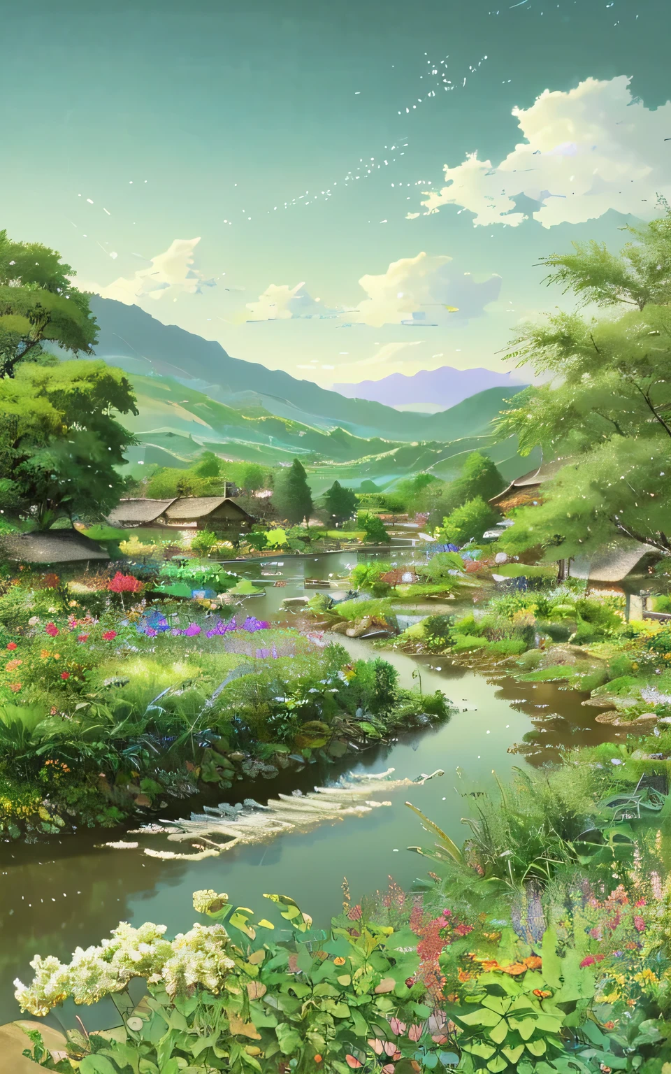 a beautiful garden、Painting of river and houses, Beautiful Art Ultra HD 4K, 4k highly detailed digital art, stunning wallpapers, landscape artwork, Animation pastoral scenery, Landscape art details, 4k detailed digital art, landscape wallpaper, Beautiful digital artwork, A beautiful artistic illustration, 8k high quality detailed art, landscape wallpaper, 4k high definition wallpaper illustration