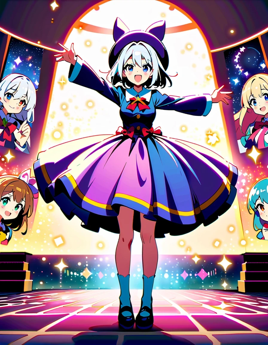 《Blessings to a wonderful world》Anime characters taking photos，KONOSUBA style，Colorful school uniforms，White-haired girl in purple clothes，Blonde girl wearing pink hat，Brunette man in blue shirt，red velvet stage，Candle decoration，Purple cloth background，full-body shot，2D art，High quality details，cute style，bright colors，Full of energy，Magical girl on stage，Vibrant dynamic poses and whimsical costumes, Surrounded by sparkling effects and charming ambience, Capture joyful celebration moments, Detailed character expressions, High-quality anime aesthetics
