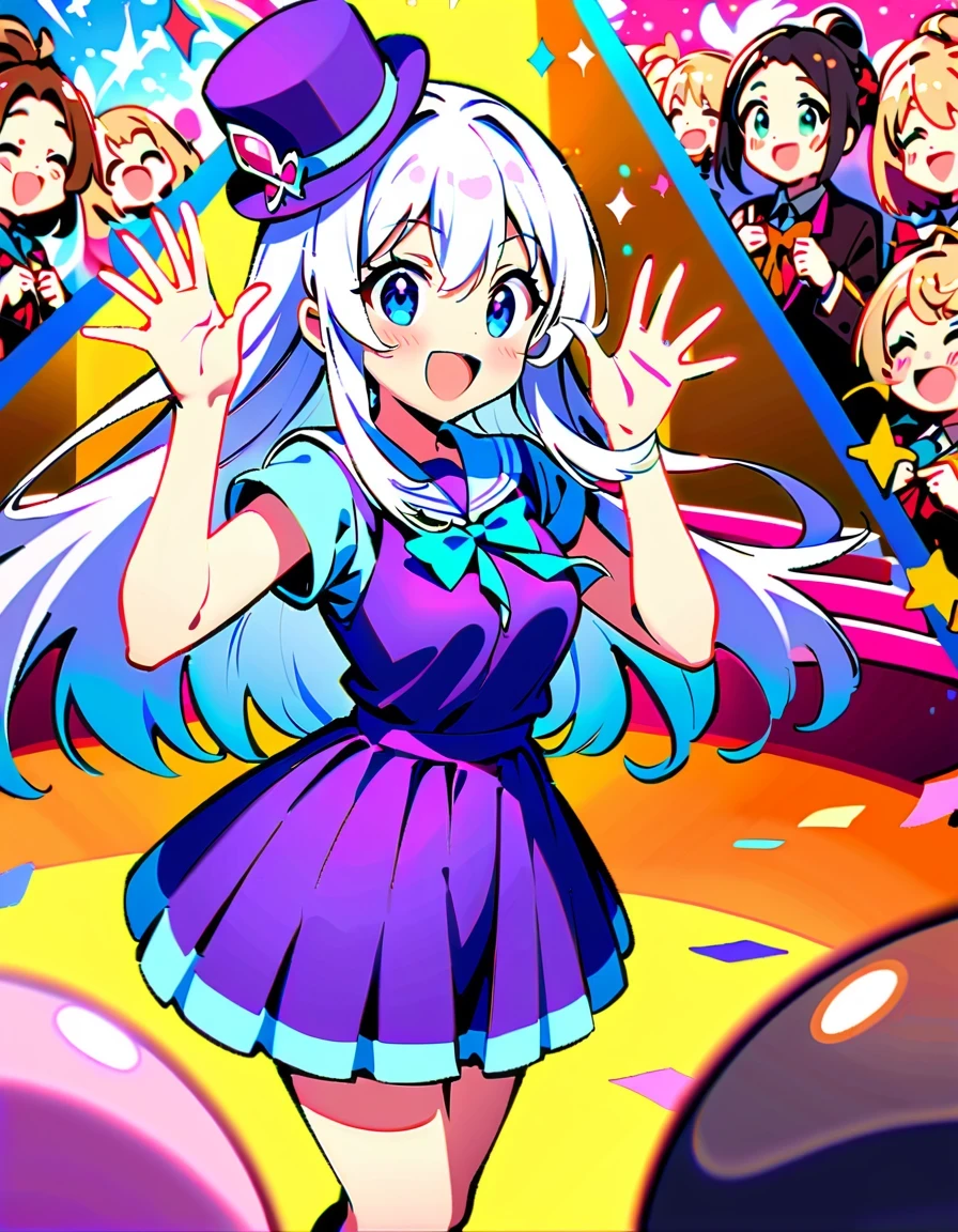 《Blessings to a wonderful world》Anime characters taking photos,KONOSUBA style,Colorful school uniforms,White-haired girl in purple clothes,Blonde girl wearing pink hat,Brunette man in blue shirt,red velvet stage,Candle decoration,Purple cloth background,full-body shot,2D art,High quality details,cute style,bright colors,Full of energy,Magical girl on stage,Vibrant dynamic poses and whimsical costumes, Surrounded by sparkling effects and charming ambience, Capture joyful celebration moments, Detailed character expressions, High-quality anime aesthetics