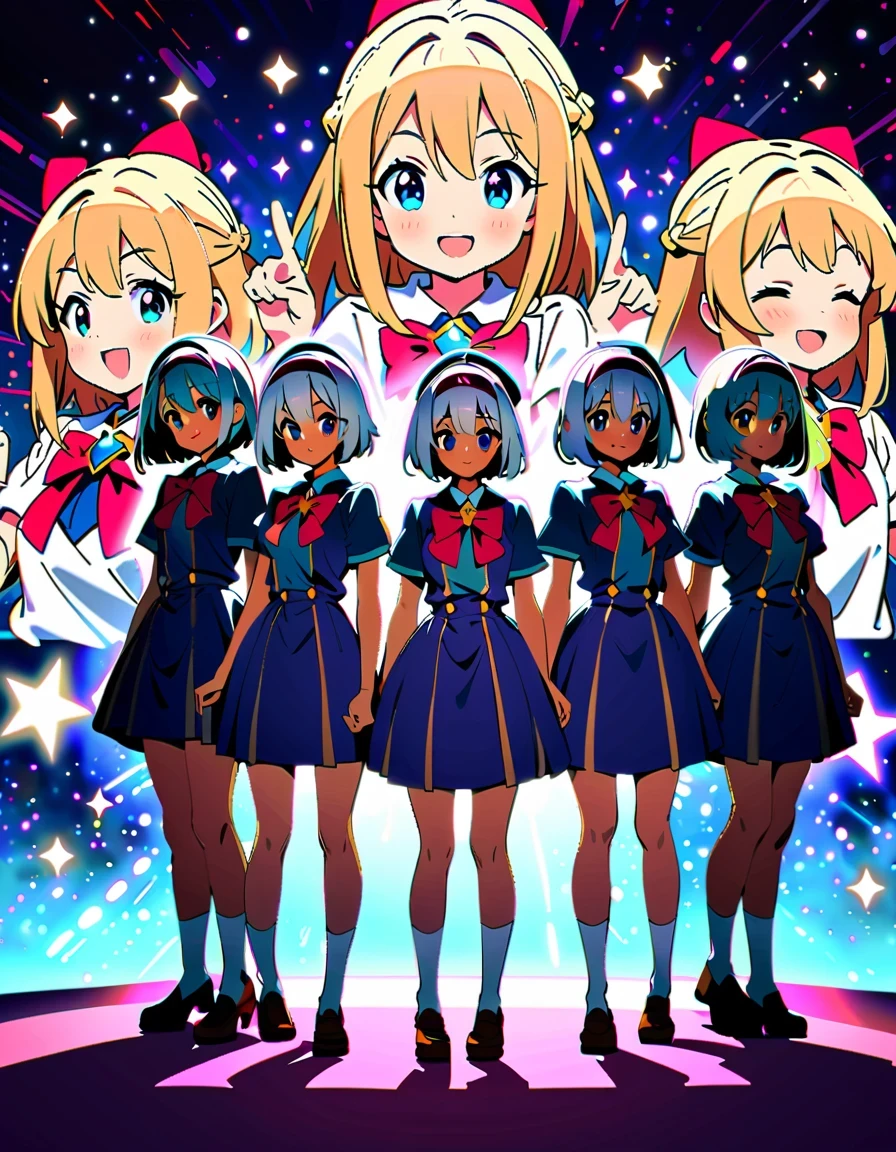 《Blessings to a wonderful world》Anime characters taking photos，KONOSUBA style，Colorful school uniforms，White-haired girl in purple clothes，Blonde girl wearing pink hat，Brunette man in blue shirt，red velvet stage，Candle decoration，Purple cloth background，full-body shot，2D art，High quality details，cute style，bright colors，Full of energy，Magical girl on stage，Vibrant dynamic poses and whimsical costumes, Surrounded by sparkling effects and charming ambience, Capture joyful celebration moments, Detailed character expressions, High-quality anime aesthetics
