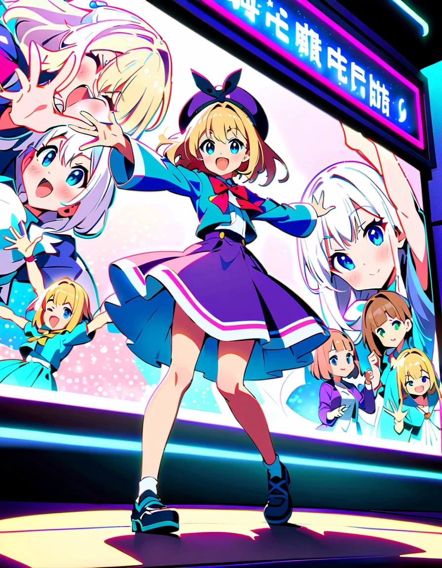 《Blessings to a wonderful world》Anime characters taking photos,KONOSUBA style,Colorful school uniforms,White-haired girl in purple clothes,Blonde girl wearing pink hat,Brunette man in blue shirt,red velvet stage,Candle decoration,Purple cloth background,full-body shot,2D art,High quality details,cute style,bright colors,Full of energy,Magical girl on stage,Vibrant dynamic poses and whimsical costumes, Surrounded by sparkling effects and charming ambience, Capture joyful celebration moments, Detailed character expressions, High-quality anime aesthetics
