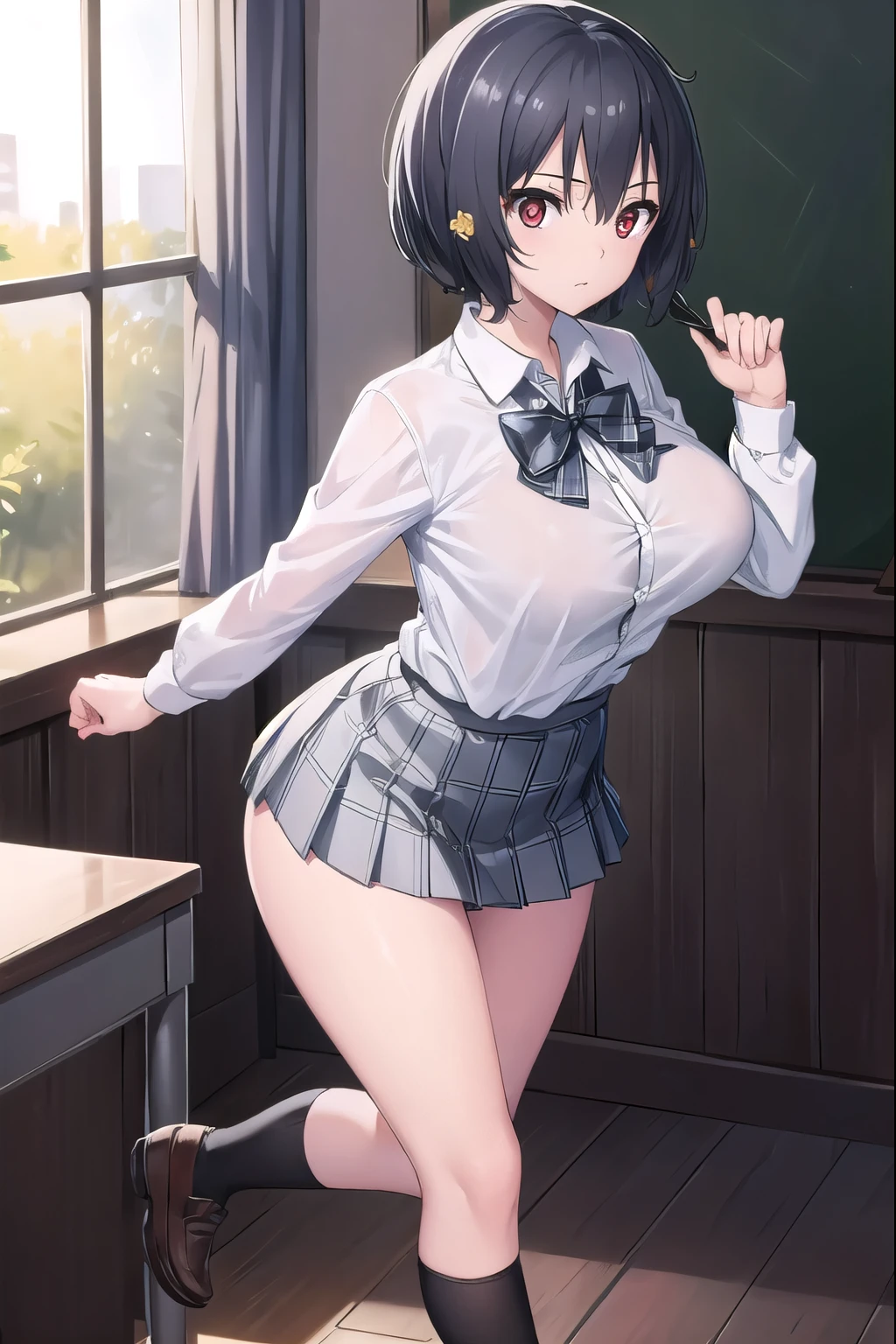 aimizuno, ai mizuno, black hair, hair between eyes, (red eyes:1.5), short hair,
BREAK black legwear, black skirt, brown footwear, collared shirt, loafers, long sleeves, miniskirt, plaid, plaid neckwear, plaid skirt, pleated skirt, , shirt, shoes, skirt, sweater, (white shirt:1.6), wing collar, yellow flower, yellow sweater, JS_ShortSkirt, (micro mini skirt:1.4),(white panty)
BREAK looking at viewer, full body, standing,
BREAK indoors, classroom,
BREAK (masterpiece:1.2), best quality, high resolution, unity 8k wallpaper, (illustration:0.8), (beautiful detailed eyes:1.6), extremely detailed face, perfect lighting, extremely detailed CG, (perfect hands, perfect anatomy), (big breasts:1.6), (slim:0.8)