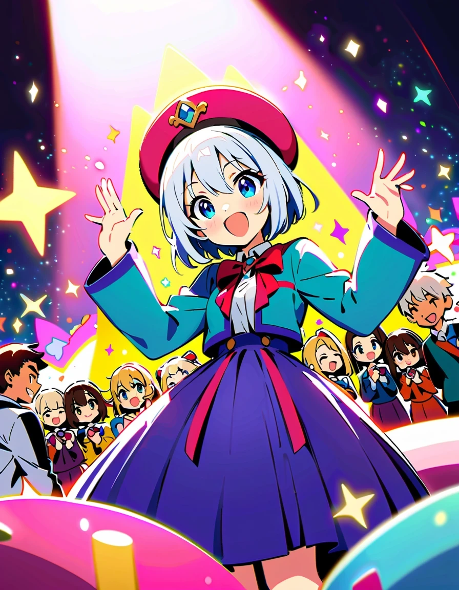 《Blessings to a wonderful world》Anime characters taking photos,KONOSUBA style,Colorful school uniforms,White-haired girl in purple clothes,Blonde girl wearing pink hat,Brunette man in blue shirt,red velvet stage,Candle decoration,Purple cloth background,full-body shot,2D art,High quality details,cute style,bright colors,Full of energy,Magical girl on stage,Vibrant dynamic poses and whimsical costumes, Surrounded by sparkling effects and charming ambience, Capture joyful celebration moments, Detailed character expressions, High-quality anime aesthetics