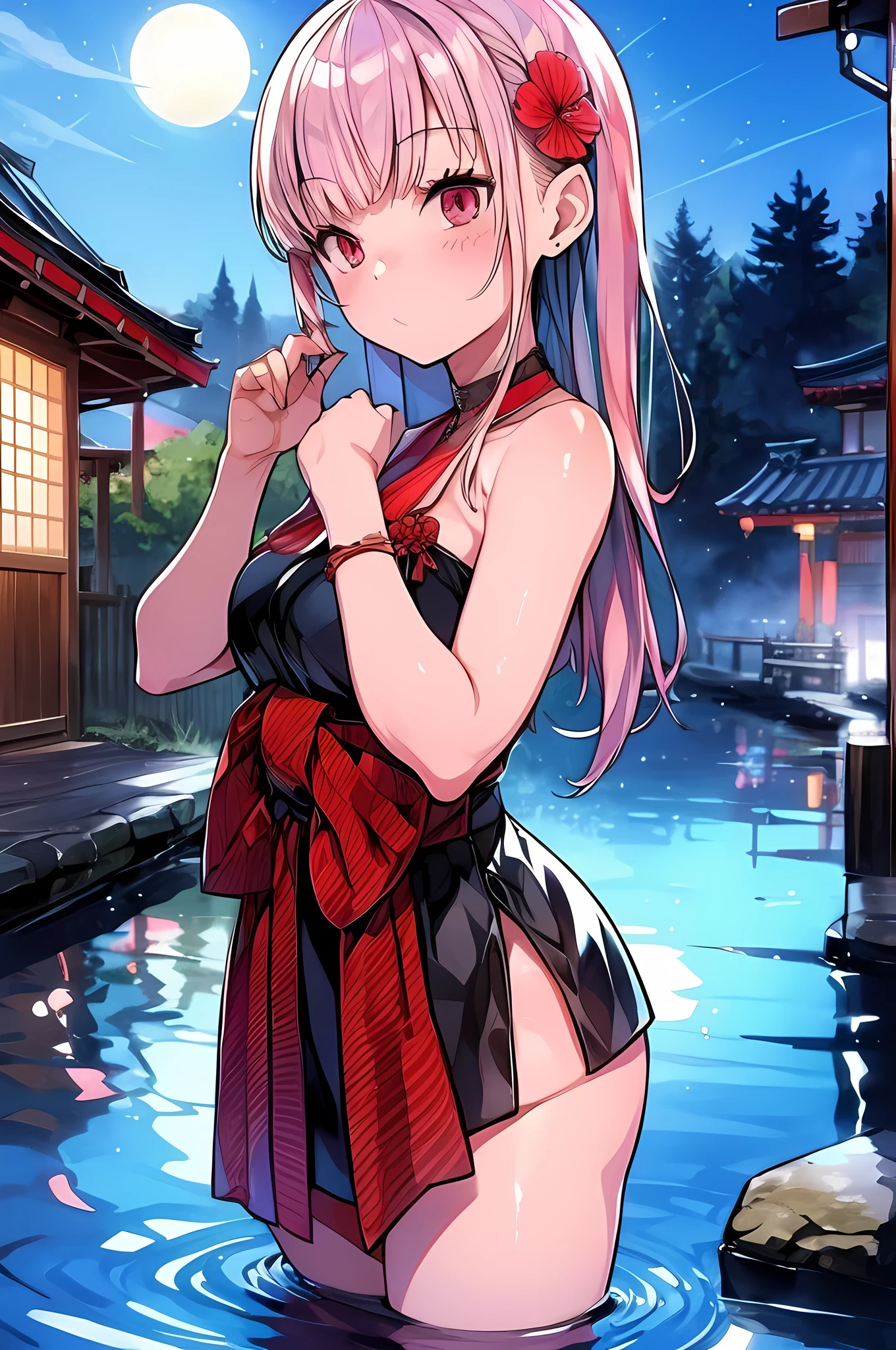 vibrant colors, luminous lights, traditional Japanese art style, steam, serene atmosphere, onsen, picturesque nature, Mori Calliope, nude, NSFW