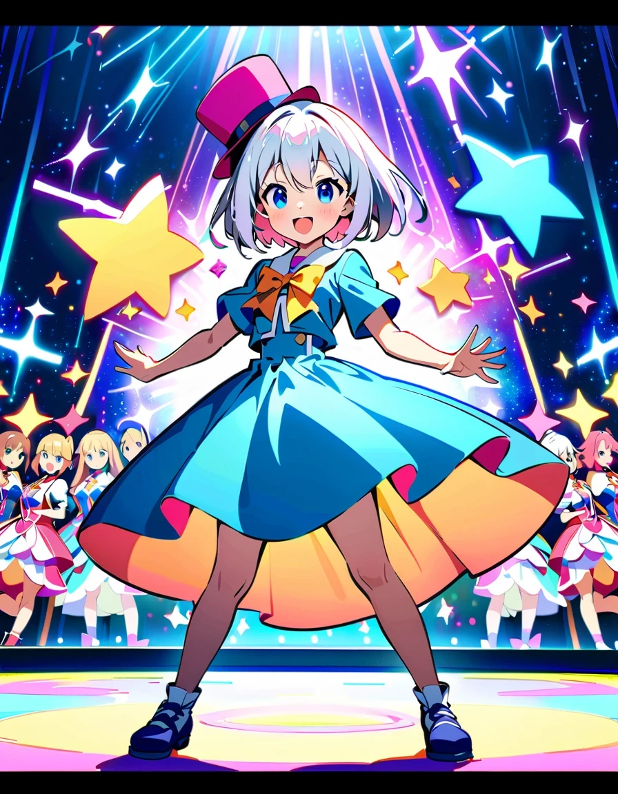 《Blessings to a wonderful world》Anime characters taking photos，KONOSUBA style，Colorful school uniforms，White-haired girl in purple clothes，Blonde girl wearing pink hat，Brunette man in blue shirt，red velvet stage，Candle decoration，Purple cloth background，full-body shot，2D art，High quality details，cute style，bright colors，Full of energy，Magical girl on stage，Vibrant dynamic poses and whimsical costumes, Surrounded by sparkling effects and charming ambience, Capture joyful celebration moments, Detailed character expressions, High-quality anime aesthetics
