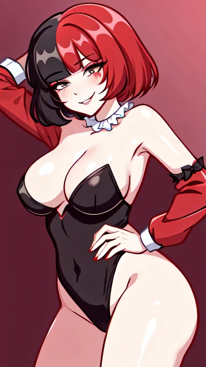 coupling, Red hair, black hair, multicoloRed hair, short hair, adult woman, sexual posing, sexual, smug face, bunny suit,