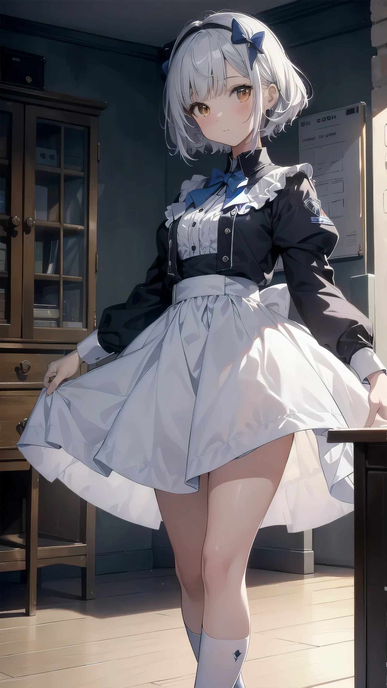 young girl, short gray hair, high ponytail, gray eyes, Blue Battle Shirt, Upskirt, robot behind, arma, Masterpiece, hiquality, 4k, HD, Good detail, (2heads:1.5)