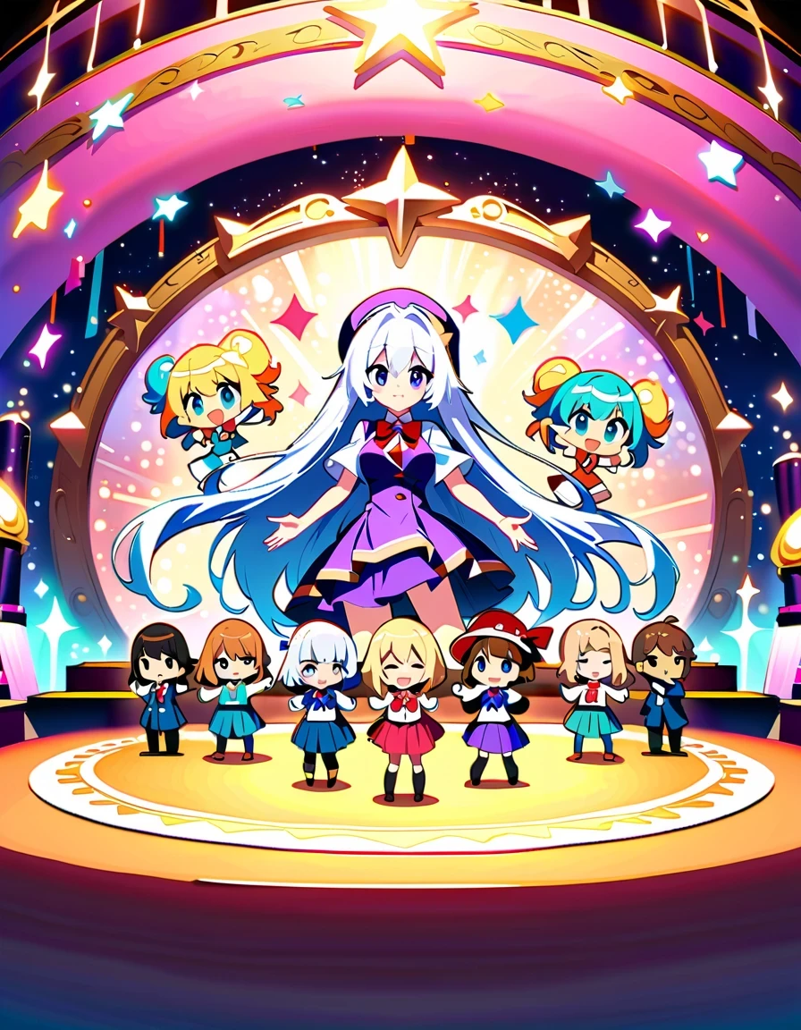 《Blessings to a wonderful world》Anime characters taking photos，KONOSUBA style，Colorful school uniforms，White-haired girl in purple clothes，Blonde girl wearing pink hat，Brunette man in blue shirt，red velvet stage，Candle decoration，Purple cloth background，full-body shot，2D art，High quality details，cute style，bright colors，Full of energy，Magical girl on stage，Vibrant dynamic poses and whimsical costumes, Surrounded by sparkling effects and charming ambience, Capture joyful celebration moments, Detailed character expressions, High-quality anime aesthetics
