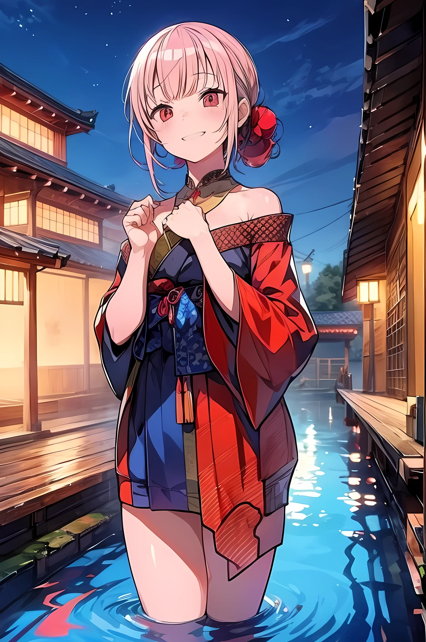 vibrant colors, luminous lights, traditional Japanese art style, steam, serene atmosphere, onsen, picturesque nature, Mori Calliope, nude, NSFW