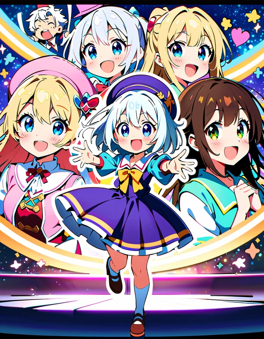 《Blessings to a wonderful world》Anime characters taking photos，KONOSUBA style，Colorful school uniforms，White-haired girl in purple clothes，Blonde girl wearing pink hat，Brunette man in blue shirt，red velvet stage，Candle decoration，Purple cloth background，full-body shot，2D art，High quality details，cute style，bright colors，Full of energy，Magical girl on stage，Vibrant dynamic poses and whimsical costumes, Surrounded by sparkling effects and charming ambience, Capture joyful celebration moments, Detailed character expressions, High-quality anime aesthetics
