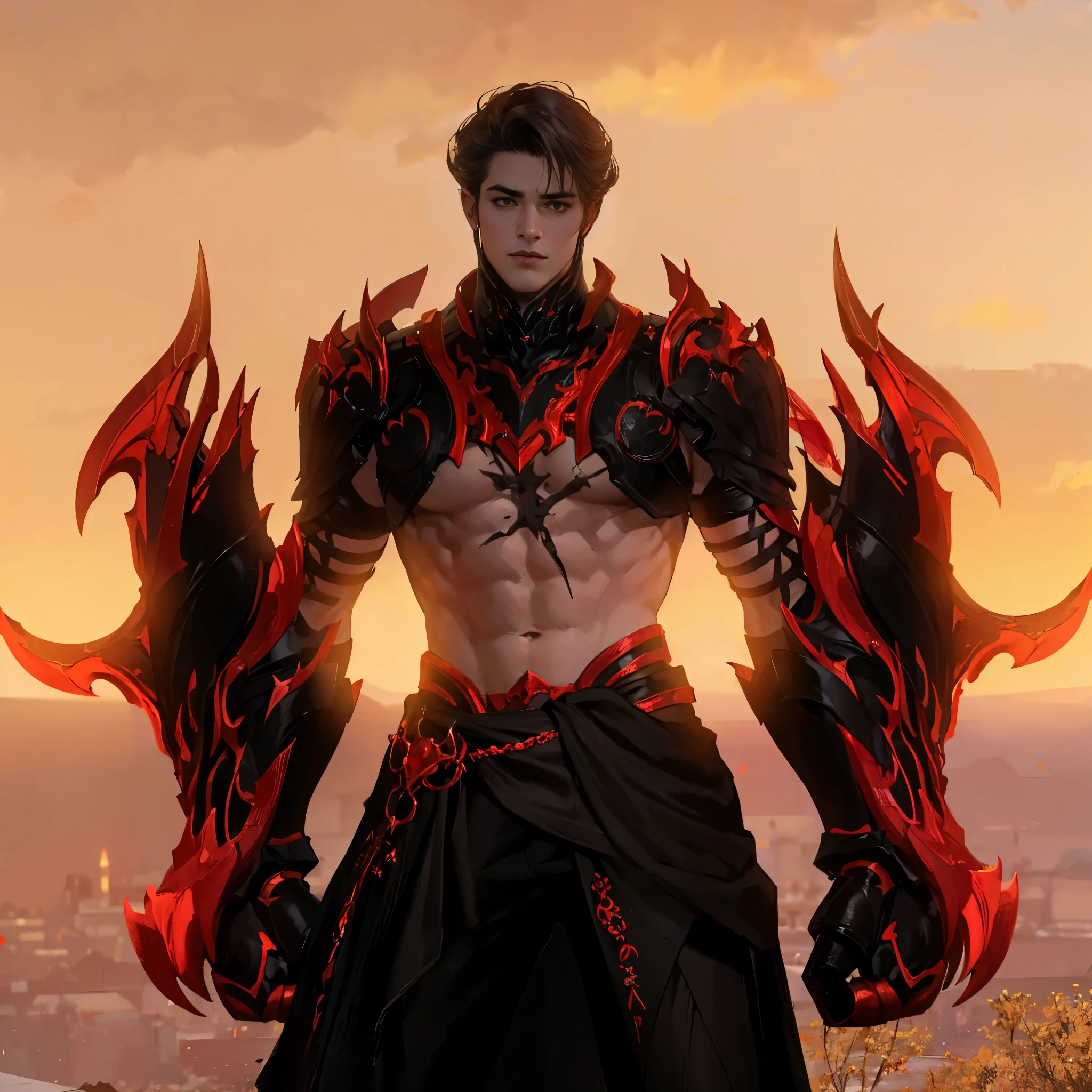 arafed male with red and black armor standing on a hill, Male demon, djinn homme démon masculin, Sneaky evil male, seigneur des cendres, Male Djinn Male Hybrid Demon, armure d'aspect draconique, black fire colored reflective armor, armure inspirée du dragon démoniaque, armure de démon rouge, Male demon humain, beau dieu masculin de la mort, Complete lava dress