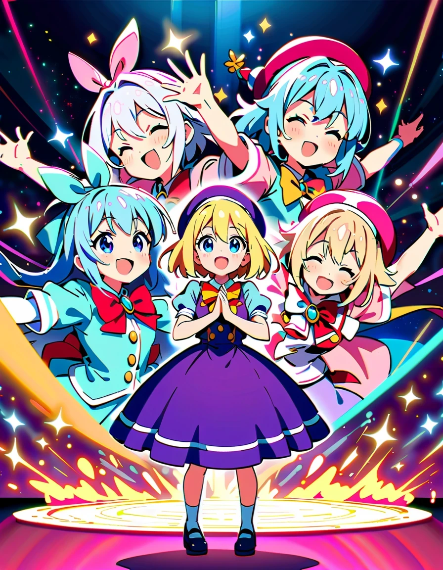 《Blessings to a wonderful world》Anime characters taking photos,KONOSUBA style,Colorful school uniforms,White-haired girl in purple clothes,Blonde girl wearing pink hat,Brunette man in blue shirt,red velvet stage,Candle decoration,Purple cloth background,full-body shot,2D art,High quality details,cute style,bright colors,Full of energy,Magical girl on stage,Vibrant dynamic poses and whimsical costumes, Surrounded by sparkling effects and charming ambience, Capture joyful celebration moments, Detailed character expressions, High-quality anime aesthetics