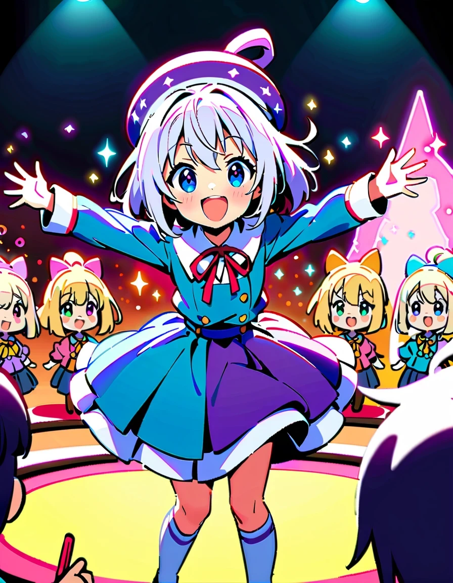 《Blessings to a wonderful world》Anime characters taking photos，KONOSUBA style，Colorful school uniforms，White-haired girl in purple clothes，Blonde girl wearing pink hat，Brunette man in blue shirt，red velvet stage，Candle decoration，Purple cloth background，full-body shot，2D art，High quality details，cute style，bright colors，Full of energy，Magical girl on stage，Vibrant dynamic poses and whimsical costumes, Surrounded by sparkling effects and charming ambience, Capture joyful celebration moments, Detailed character expressions, High-quality anime aesthetics
