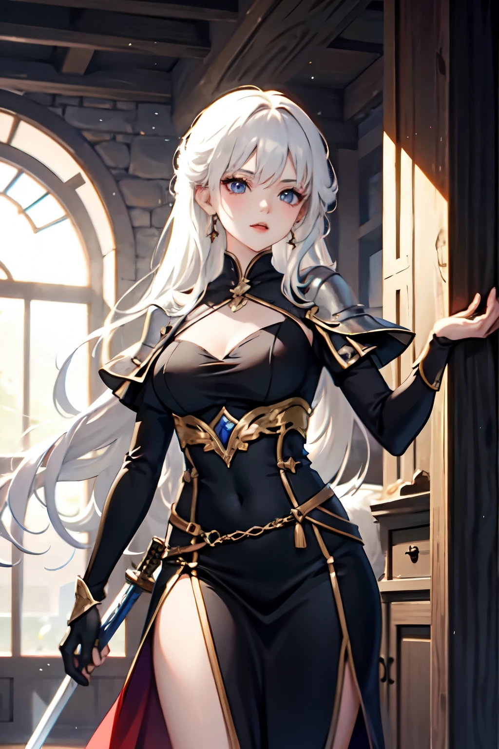 1girl, solo, leaning on white marble wall, sexy face, sexy, cute face, bangs, long hair, look away, shy, nose blush, concept art, freckles, lay light on the wall, passionate, medium breast, fit body, long waist, (thigh gap), wide shoulder, short hair, white hair, hair over one eye, open blue coat, brown gloves, black pants, earrings, seductive, enchanting, (biting lip), erotic