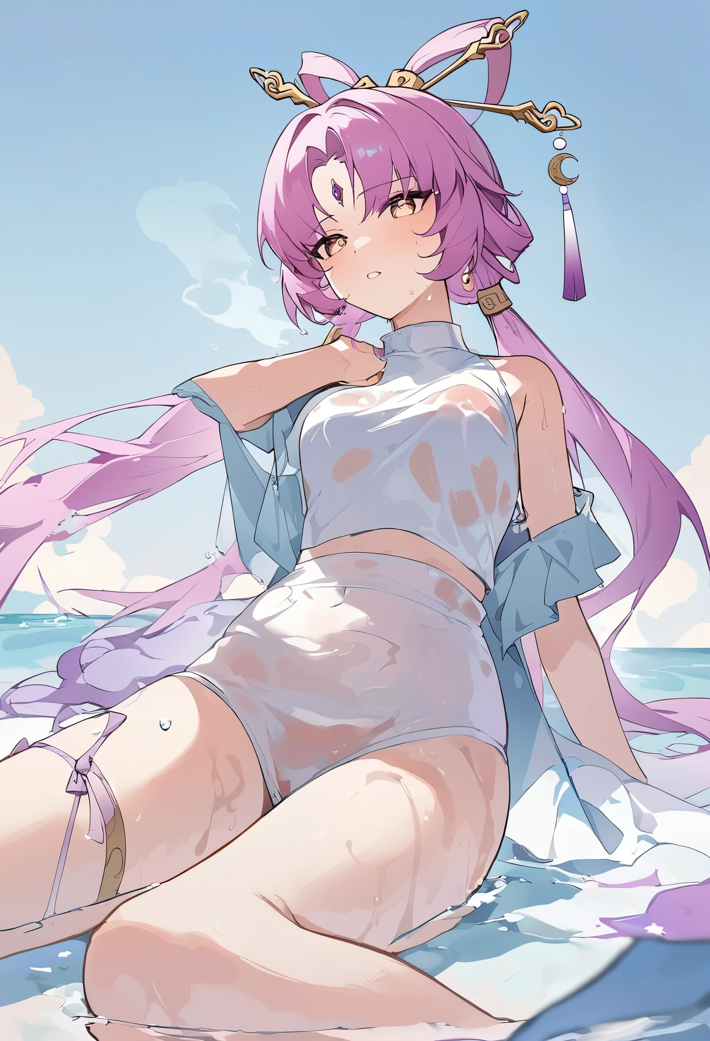 Fu xuan from honkai star rail,aying down on water, purposely showing armpits, alluring face, wet clothes, see through clothes