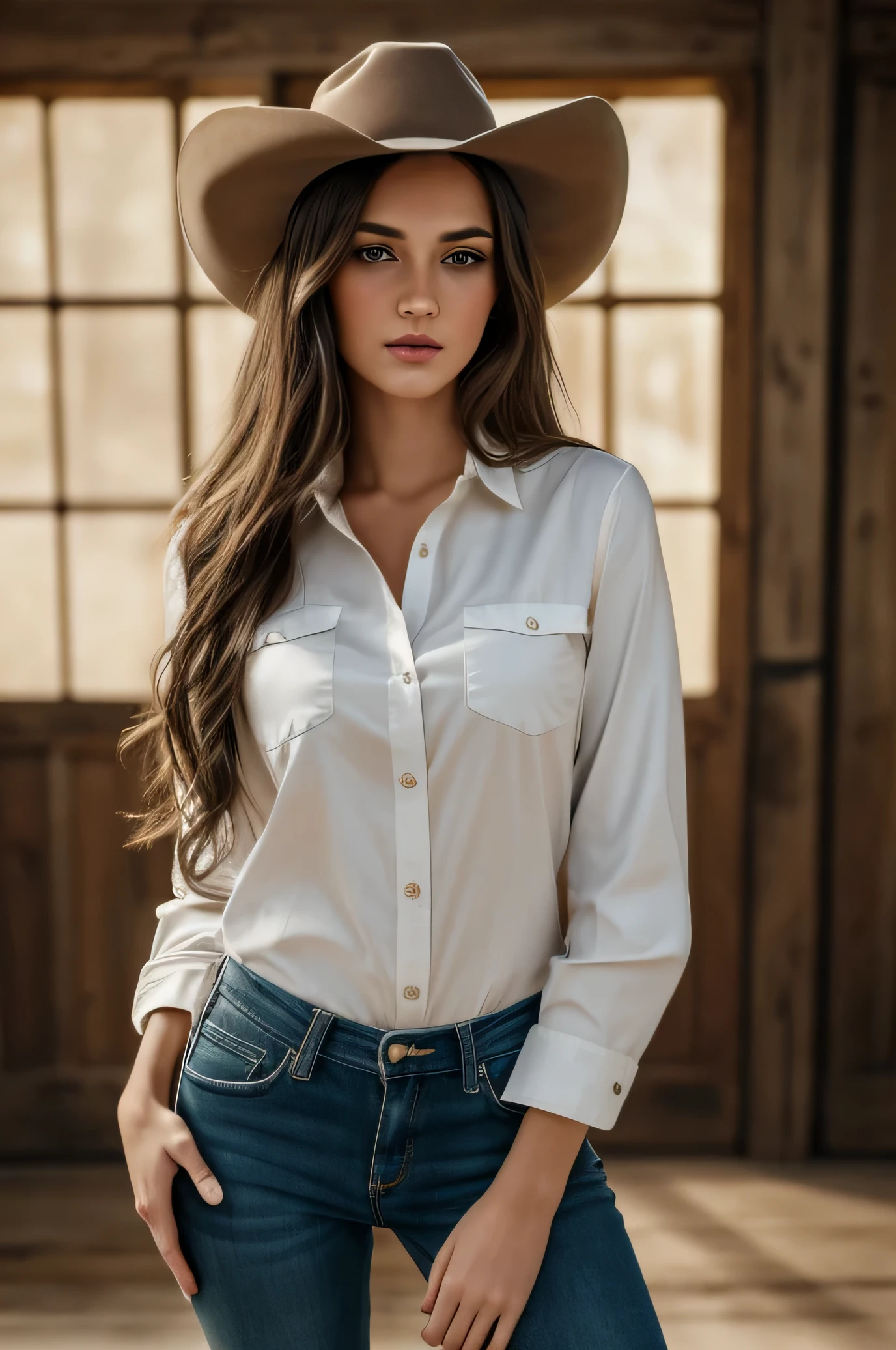 (8k, RAW photo, best quality, masterpiece:1.2), (realistic, photo-realistic:1.37), ultra-detailed,(detailed beautiful girl:1.4),1 girl,brown eyes,cowboy shot,Lauren Patrick,shirts,slender,((looking at viewer))