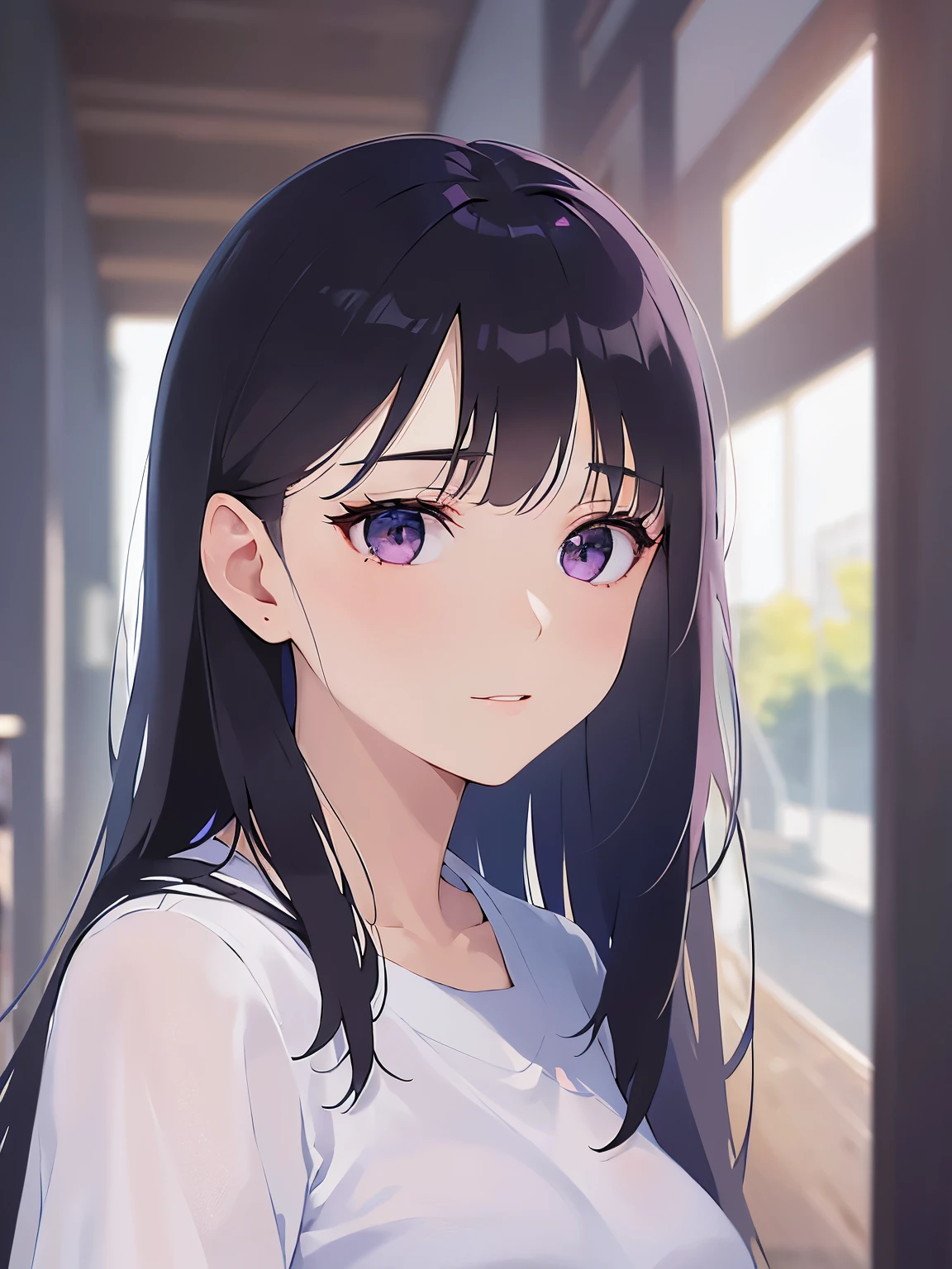 side angle, (looking away:1.5), Upper Body, Realistic, real person, (pale skin: 1.2), RAW photo, photorealistic, portrait photography, shiny skin, japanese idol、shiny hair、(25 year old woman with straight medium hair with bangs) and (black hair) and (purple eyes) , wearing a white shirt 、smile, The background is an office、Alone、Are standing