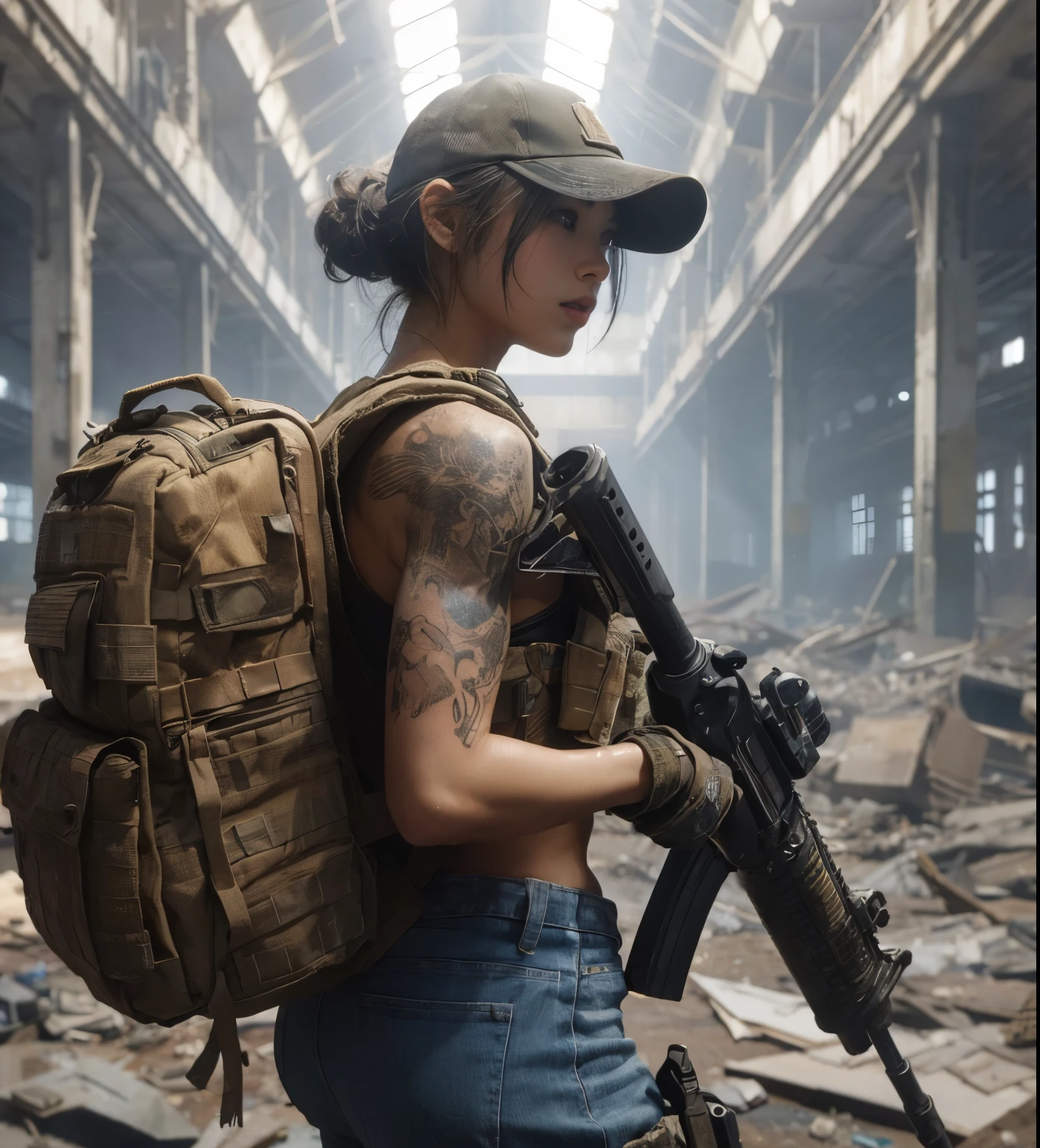 ８K,realistic photo、realistic skin texture、A beautiful Japanese woman belonging to the American military is in an abandoned factory that is no longer in use.、The roof collapses and light shines in、Dust is flying、A large machine placed casually is broken.、bulletproof vest、Holding an automatic rifle、with caution、Backpack、wearing a baseball cap、It is dirty、tattoo、moving action pose、muscle、dramatic composition、Zoom out