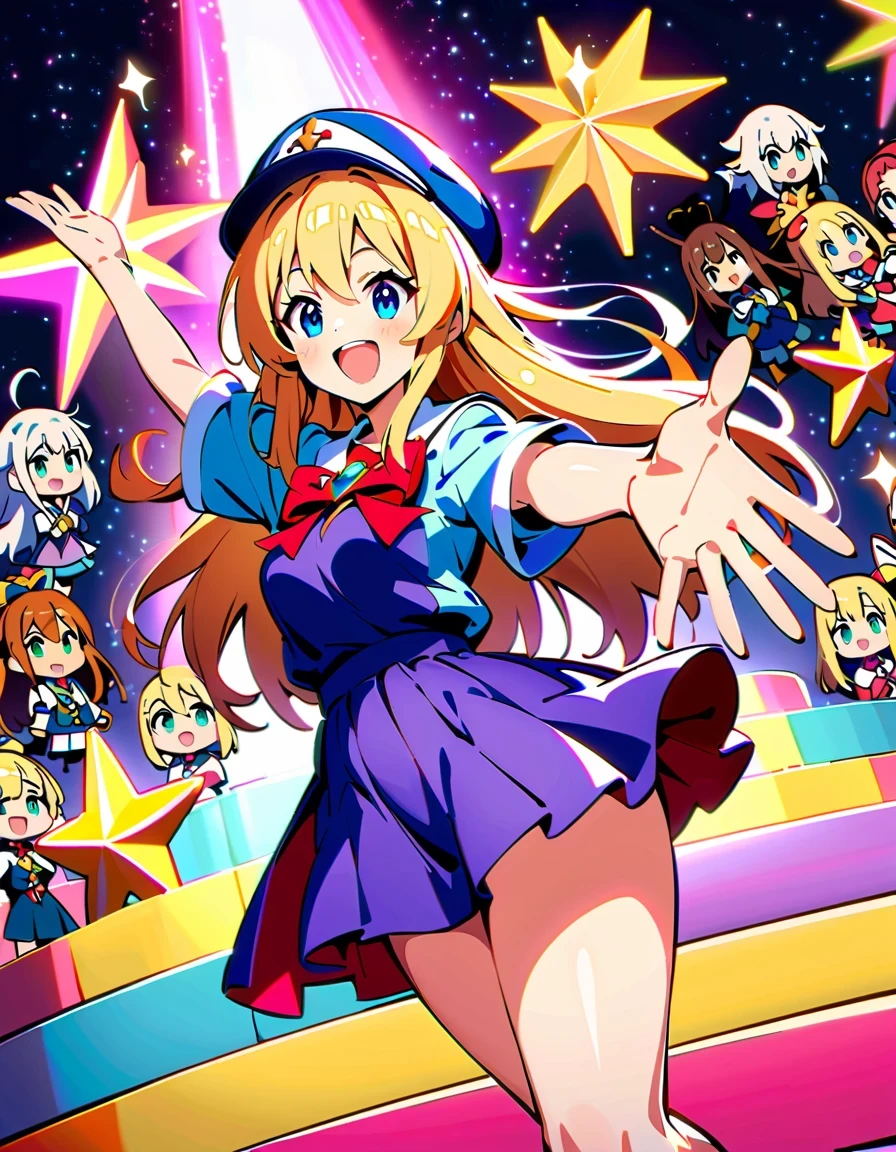 《Blessings to a wonderful world》Anime characters taking photos,KONOSUBA style,Colorful school uniforms,White-haired girl in purple clothes,Blonde girl wearing pink hat,Brunette man in blue shirt,red velvet stage,Candle decoration,Purple cloth background,full-body shot,2D art,High quality details,cute style,bright colors,Full of energy,Magical girl on stage,Vibrant dynamic poses and whimsical costumes, Surrounded by sparkling effects and charming ambience, Capture joyful celebration moments, Detailed character expressions, High-quality anime aesthetics