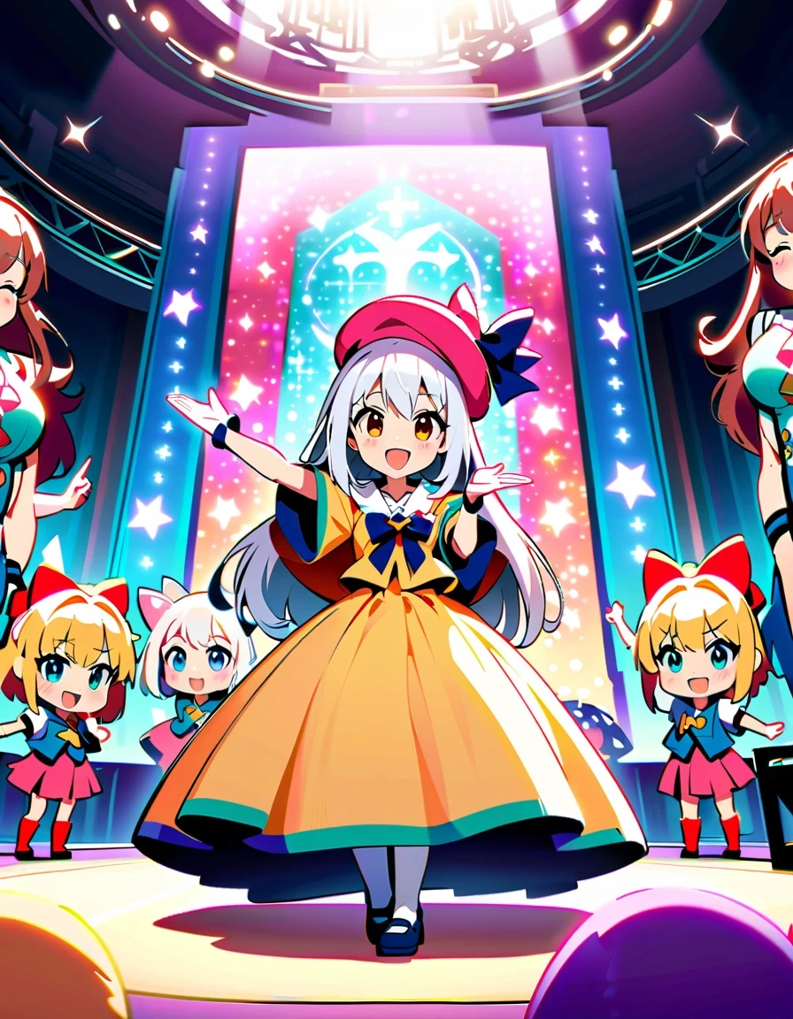《Blessings to a wonderful world》Anime characters taking photos，KONOSUBA style，Colorful school uniforms，White-haired girl in purple clothes，Blonde girl wearing pink hat，Brunette man in blue shirt，red velvet stage，Candle decoration，Purple cloth background，full-body shot，2D art，High quality details，cute style，bright colors，Full of energy，Magical ??????? stage，Vibrant dynamic poses and whimsical costumes, Surrounded by sparkling effects and charming ambience, Capture joyful celebration moments, Detailed character expressions, High-quality anime aesthetics
