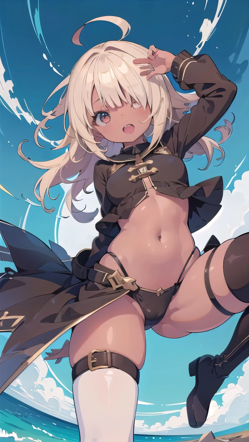 (masterpiece:1.2), (highest quality:1.2), perfect eyes, perfect face, perfect lighting, middle ages, sandy beach, 1 boy,blonde red eye, ((((((hair over one eye)))))), Braid Styles, spiked hair, blunt bangs, bob hair, a braid, Ahoge, cute eyes, medium breast, glaring, open mouth, ((from above)), ((front)), ((from below)), arms behind back, orgasm, scared, ahegao, smile+happy, fang, (((brown skin))), Thighhighs, greaves, boots, big breasts, It's a bellybutton