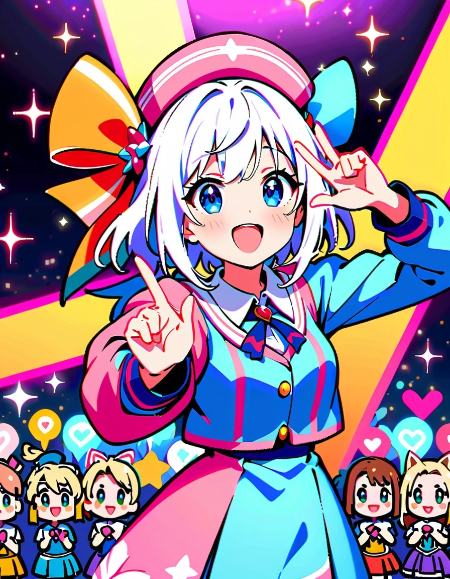 《Blessings to a wonderful world》Anime characters taking photos,KONOSUBA style,Colorful school uniforms,White-haired girl in purple clothes,Blonde girl wearing pink hat,Brunette man in blue shirt,red velvet stage,Candle decoration,Purple cloth background,full-body shot,2D art,High quality details,cute style,bright colors,Full of energy,Magical girl on stage,Vibrant dynamic poses and whimsical costumes, Surrounded by sparkling effects and charming ambience, Capture joyful celebration moments, Detailed character expressions, High-quality anime aesthetics