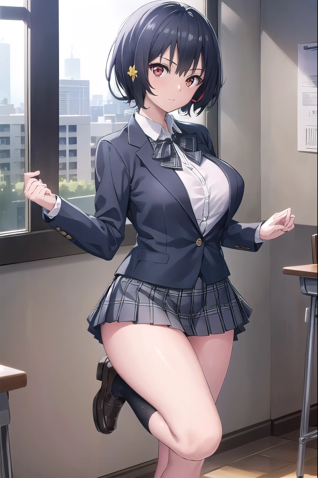 aimizuno, ai mizuno, black hair, hair between eyes, (red eyes:1.5), short hair,
BREAK  black legwear,  black skirt,  brown footwear, collared shirt, loafers, long sleeves, miniskirt, plaid, plaid neckwear, plaid skirt, pleated skirt, , shirt, shoes, skirt, sweater, (white shirt:1.6), wing collar, yellow flower, yellow sweater, JS_ShortSkirt, (micro mini skirt:1.4),(white panty)
BREAK looking at viewer, full body, standing, 
BREAK indoors, classroom,
BREAK (masterpiece:1.2), best quality, high resolution, unity 8k wallpaper, (illustration:0.8), (beautiful detailed eyes:1.6), extremely detailed face, perfect lighting, extremely detailed CG, (perfect hands, perfect anatomy), (big breasts:1.6), (slim:0.8)