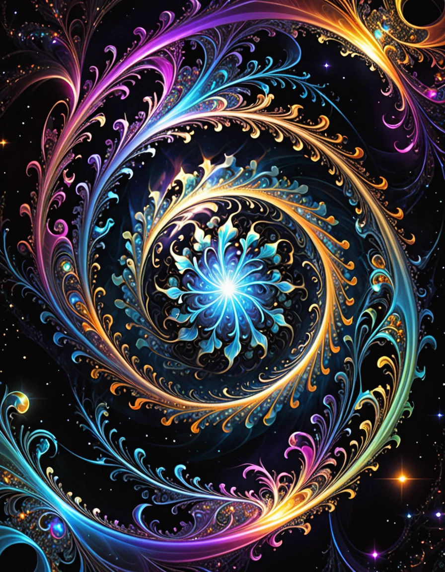 A captivating digital artwork portraying a mesmerizing fractal universe, where luminous entities dance in a cosmic ballet. The focal point of the piece is a pulsating orb of iridescent hues, emitting a bright light that cascades in vibrant waves. The orb is surrounded by intricate fractal tendrils, spiraling and twisting like celestial tendrils reaching out into the void. The overall atmosphere of the artwork is a fusion of technology and imagination, offering a glimpse into a realm where light and mathematics come together to create otherworldly beauty.