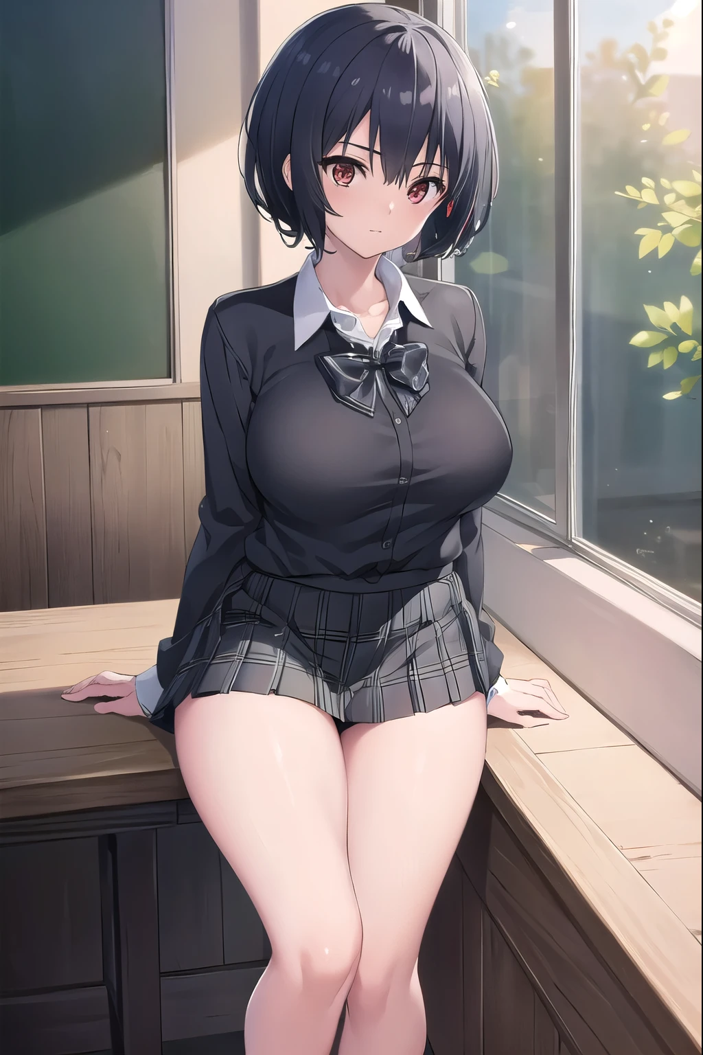 aimizuno, ai mizuno, black hair, hair between eyes, (red eyes:1.5), short hair,
BREAK black legwear, black skirt, brown footwear, collared shirt, loafers, long sleeves, miniskirt, plaid, plaid neckwear, plaid skirt, pleated skirt, , shirt, shoes, skirt, sweater, (white shirt:1.6), wing collar, yellow flower, yellow sweater, JS_ShortSkirt, (micro mini skirt:1.4),(white panty)
BREAK looking at viewer, full body, standing,
BREAK indoors, classroom,
BREAK (masterpiece:1.2), best quality, high resolution, unity 8k wallpaper, (illustration:0.8), (beautiful detailed eyes:1.6), extremely detailed face, perfect lighting, extremely detailed CG, (perfect hands, perfect anatomy), (big breasts:1.6), (slim:0.8)