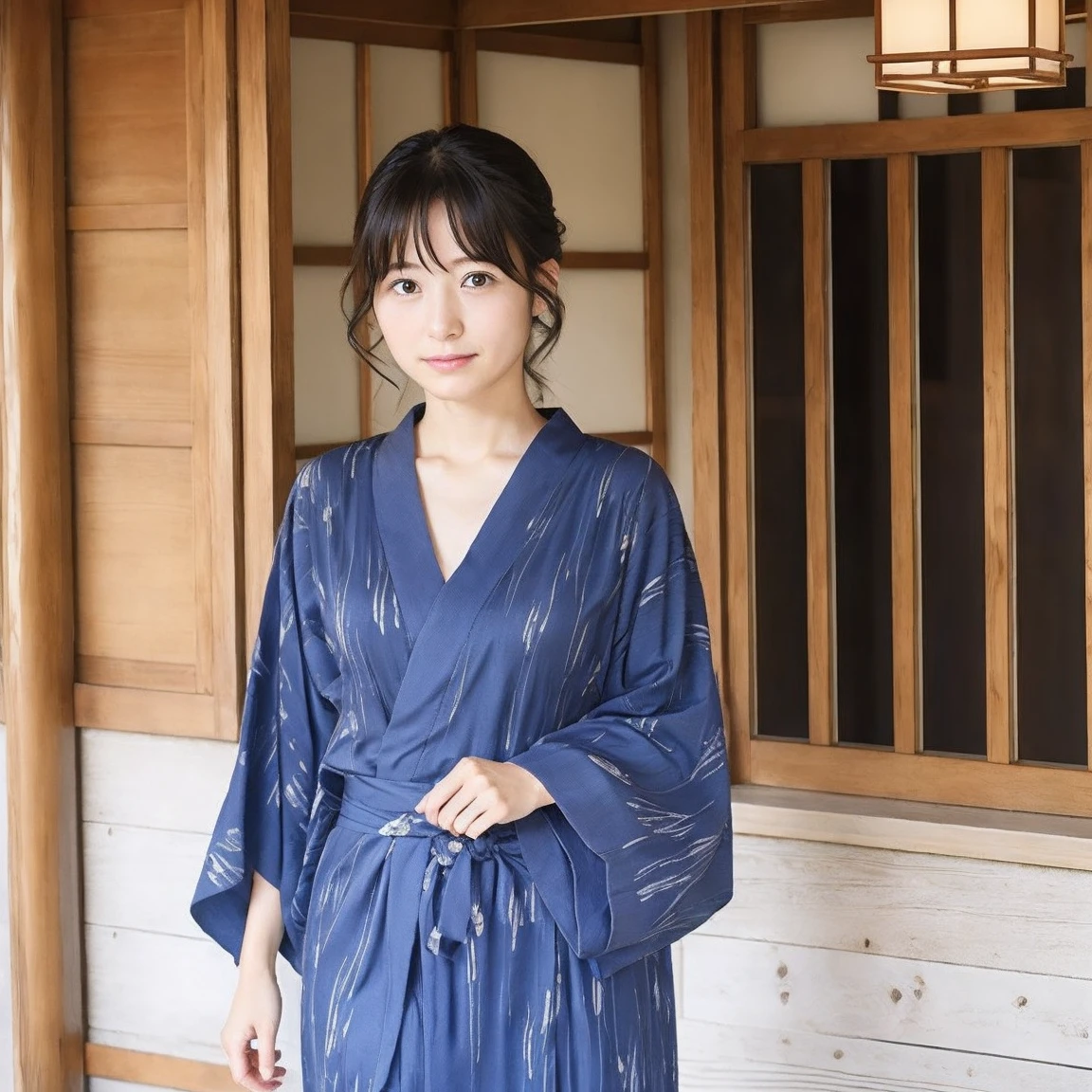 japanese woman、３０age、no makeup、morning、yukata、town