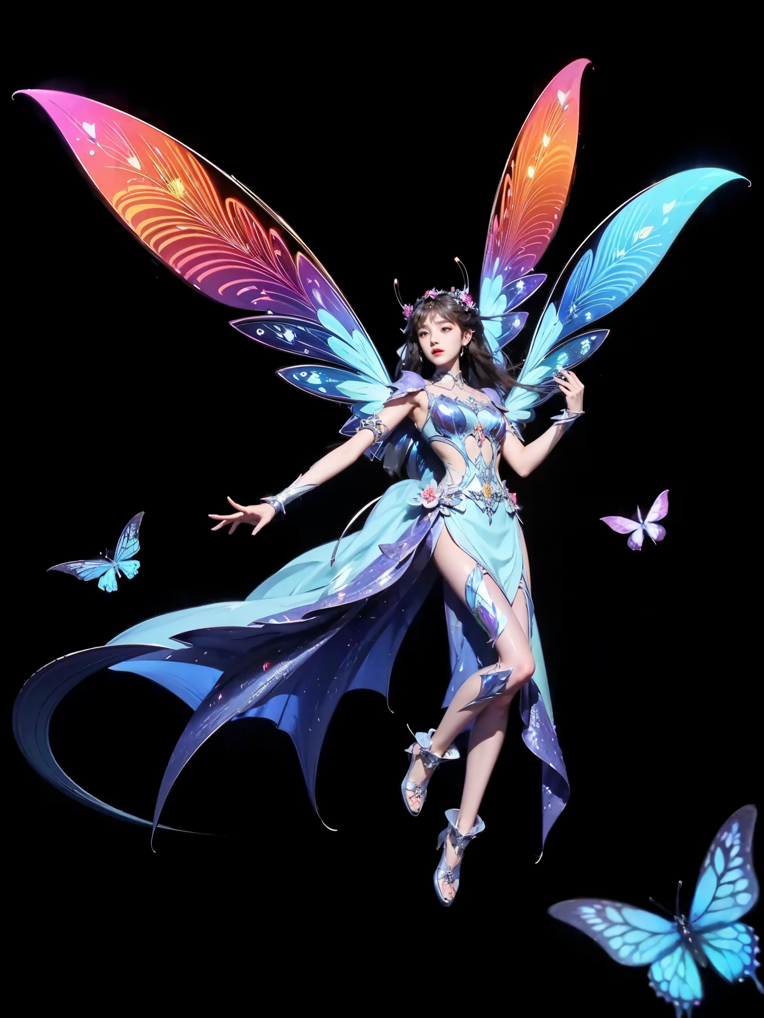 Ridiculous , high resolution, Super detailed, (1 girl:1.3), rest, fantasy dress, headgear, rest, light role, dark man, control, Fractal, whole body, 天flower板, artistic background, blue bioluminescence, Geometric, organic, bless, favor, sublime, sublimation, noble, Expand, Untie, anti-gravity, antimatter, guardian angel, holy, 神holy, , dignified, red bioluminescence, flower, Holographic wings, on the magic circle, Photon, Butterfly, scales, galaxy, Piccolo,