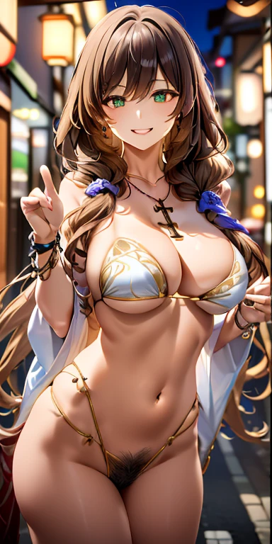 (NSFW)、Photorealistic perfect body、Ultra-high image quality、Ultra-high realistic image quality,(with sparkling eyes and a contagious smile),(her thin pubic hair:1.4),(Japan Gal:1.3)、(Teenage face:0.8)、(cute bikini)、(twin)、(medium-breasted:1.2)、(cleavage of the breast:1.3)、(Gravure Pose:1.4)、(Cowboy Shot、Thigh up:1.2)、Waist slender、(bangss)、(brown hair color:1.1)、(voluminous curly hair:0.3)、(long hair:1.2)、(Chain Belt)、(good lighting)、(blurry backround)、A smile、Gal Style Makeup、Gal style earrings、Gal style bracelet、(Gal style long necklace、Cross Ornament:1.3)、shopping street,happy smile, smiling,((Very happy smile))、Show shoulders、Complex patterns and transparent materials、Artistic depiction of seductive women, Emphasizes her charming silhouette,