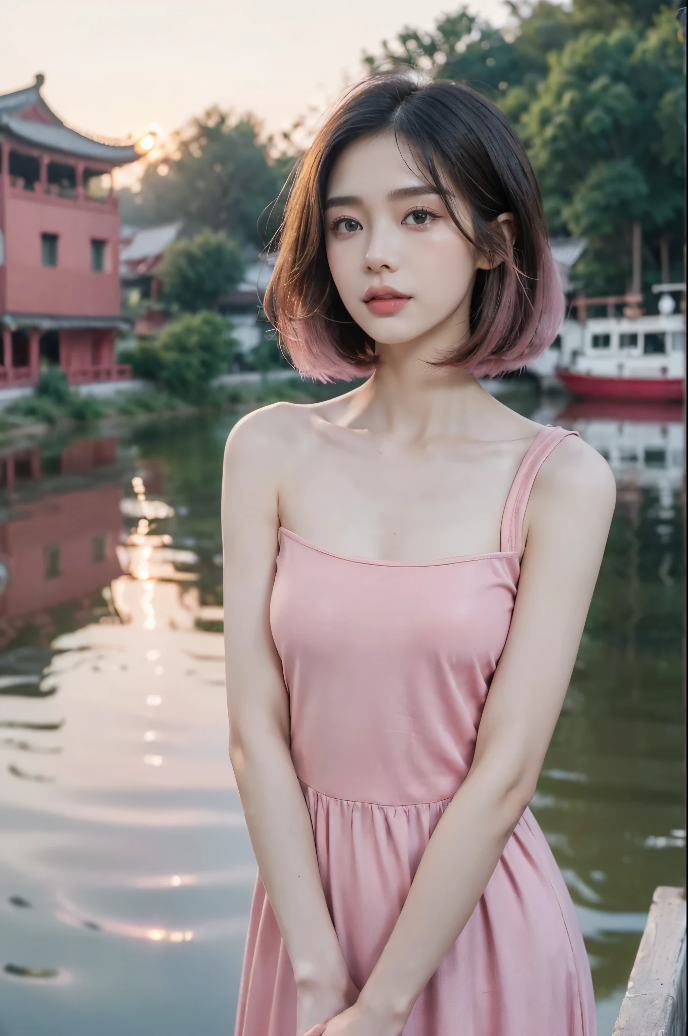 ((((8k))),((Extremely meticulous CG)) ,(wallpaper),16k,((Extremely refined and beautiful)),(((Masterpiece))),(((best qualtiy))),(((Ultra High Resolution))),beautiful light up,Perfect lightning,realistic shaded,((high resolution)),(Smooth and flawless skin:1.5),(Extremely exquisite facial details:1.2),(perfect body:1.2),(ultra-detailed),((A beautiful girl,solo)),(small head:1.2),(pale skin:1.3),(shoulder-length straight bob hair:1.2),(small face:1.2),(baby face:1.3),(Exquisite makeup:1.2),(blush:1.3),(small breasts:1.2),(flat chests:1.2),((slim,thin)),(laughing:1.2),(happy:1.2),(pink|red clothes:1.5),(outdoor:1.2),(early spring:1.3),(detailed background:1.5),(standing:1.3),(upper body:1.3),(from back:1.2),longing face,dusk,water town,waving hand,thin mist,The shore of willows,light smoke,warm afternoon,houses with white walls and black tiles,Chinese ancient village,heavy separation,tears,green mountains,sunset,worries,boat with a dark awning,river,