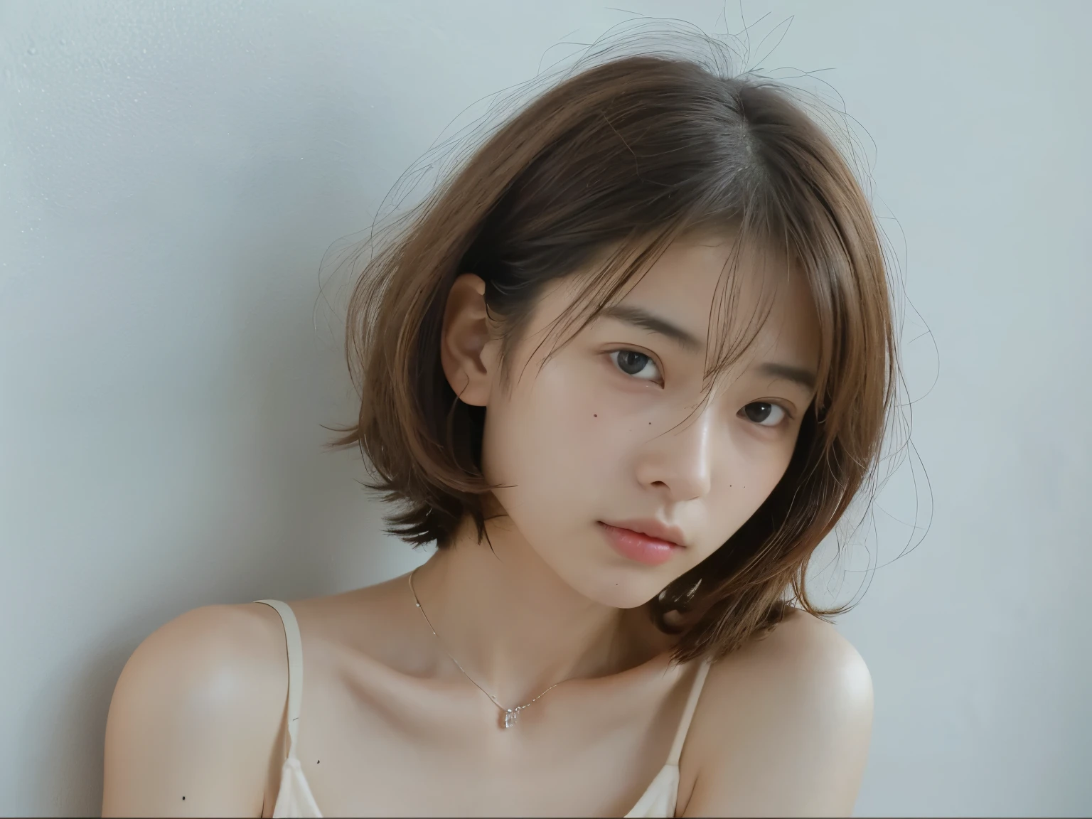 (very realistic photo, concentrated、High resolution, detailed face, fine eyes), ((Taken in front of a white wall))、japanese woman, 20-year-old, various expressions, Upper body、alone:1, slim body shape, various hairstyles,black sheer tops、Only one person is in the photo、Photographed in natural light、simple necklace、bob hair、shortcut、looking at the camera