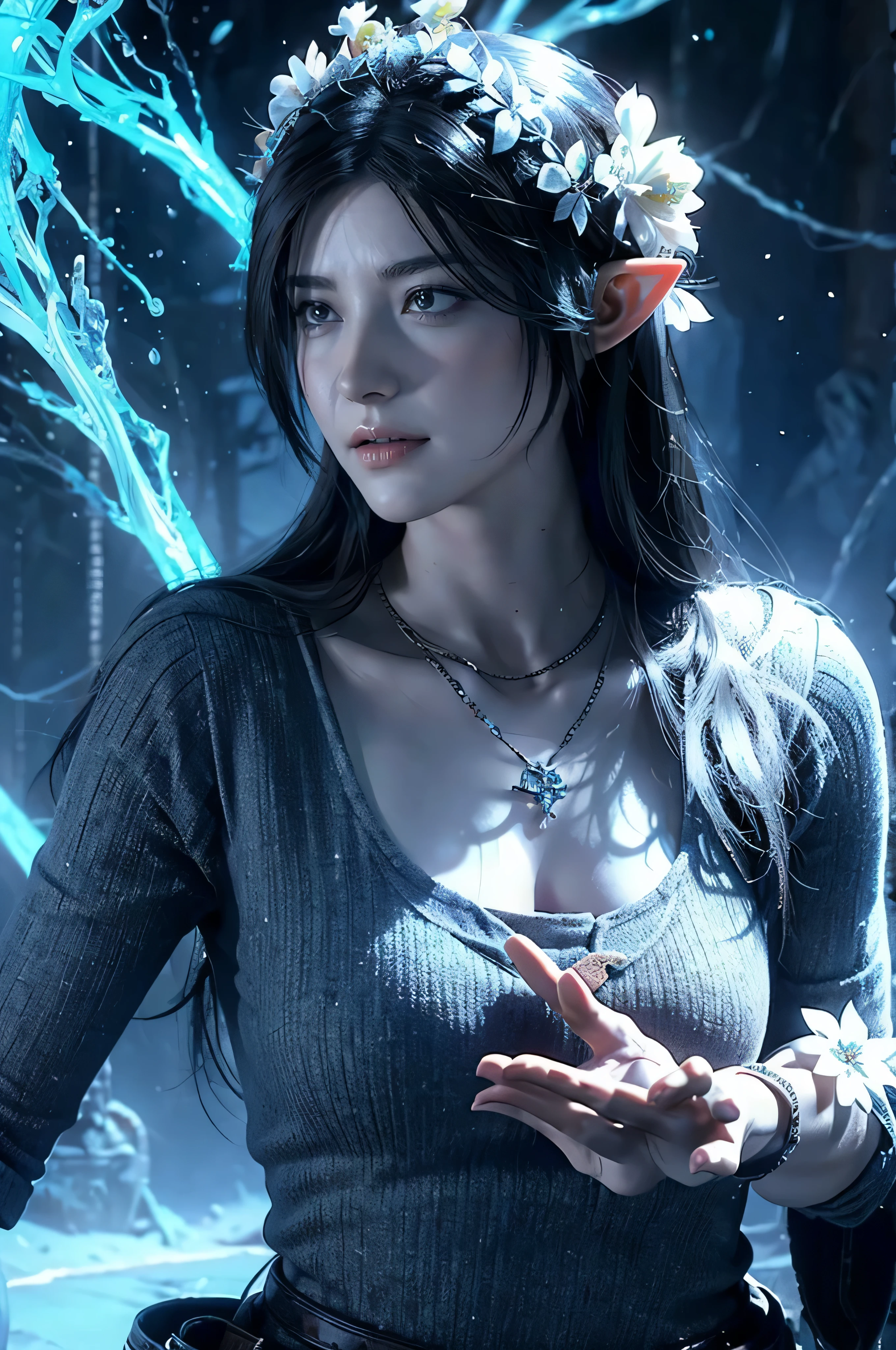 a close up of a single  woman with a white face and blue eyes, black hairs, of an elden ring elf, elegant cinematic fantasy art, from warcraft, elven character with smirk, fantasy movie still, elf with white skin, blue elf, still from a fantasy movie, female elf, 4k fantasy art, endwalker cinematic, unreal engine fantasy art, cinematic cgsociety