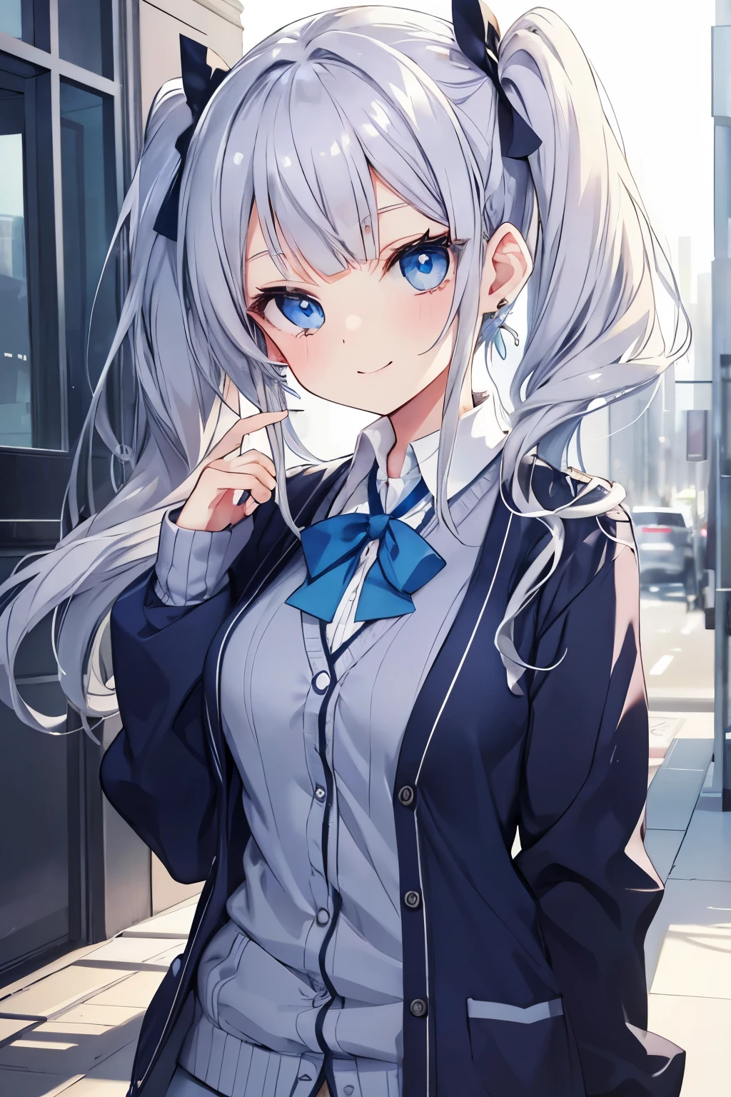 Silver-haired blue eyes、 girl、small breasts、twin tails、smile、gal girl、wearing cute earrings、uniform、knit cardigan、Has eye highlights