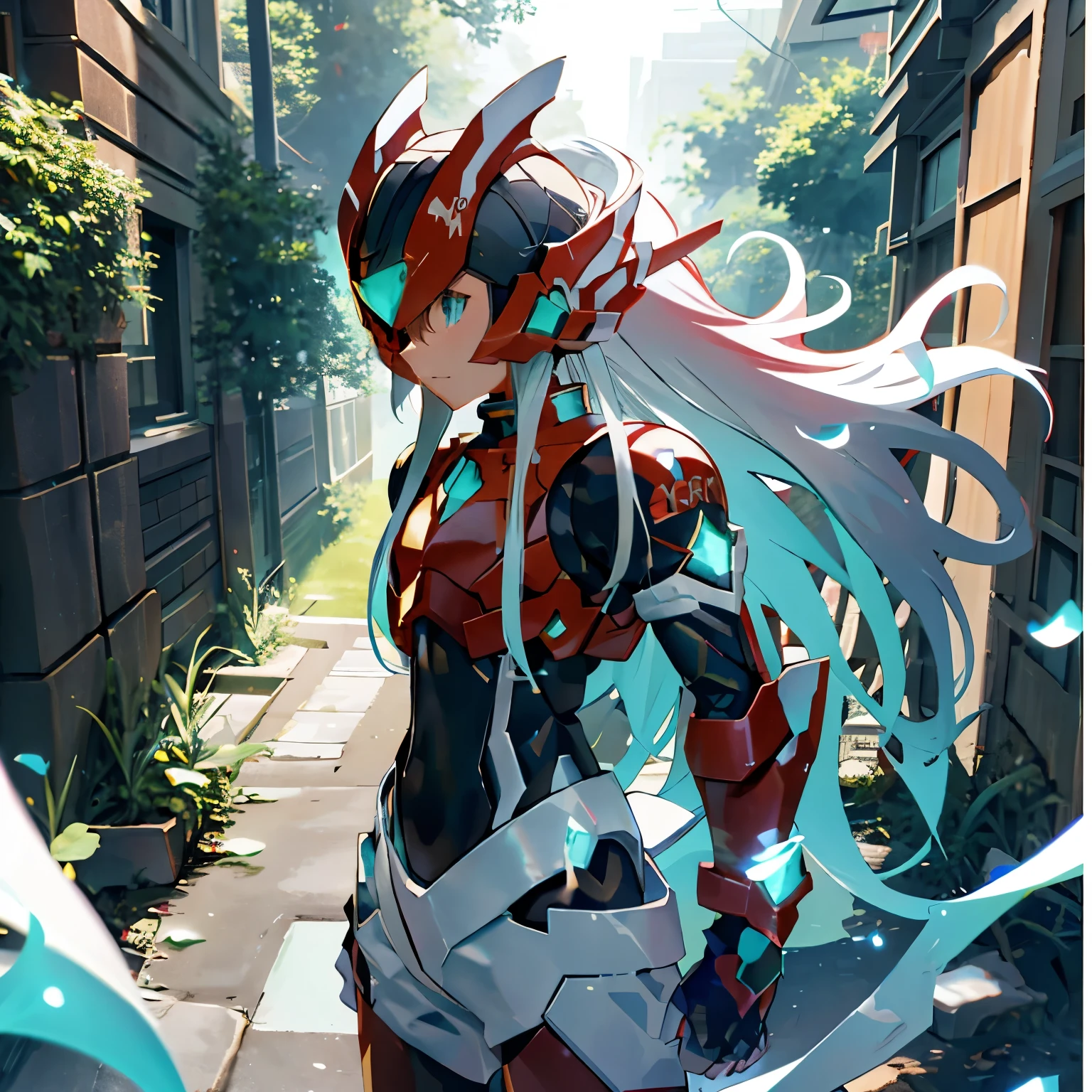 megzeromyth2023, 1boy, long white hair, red armor, green energy sword, high quality, masterpiece, standing on a hill with mountains around him, in the style of anime art, imposing monumentality, translucent immersion, grandeur of scale, i can't believe how beautiful this is, light black and azure, grandiose ruins