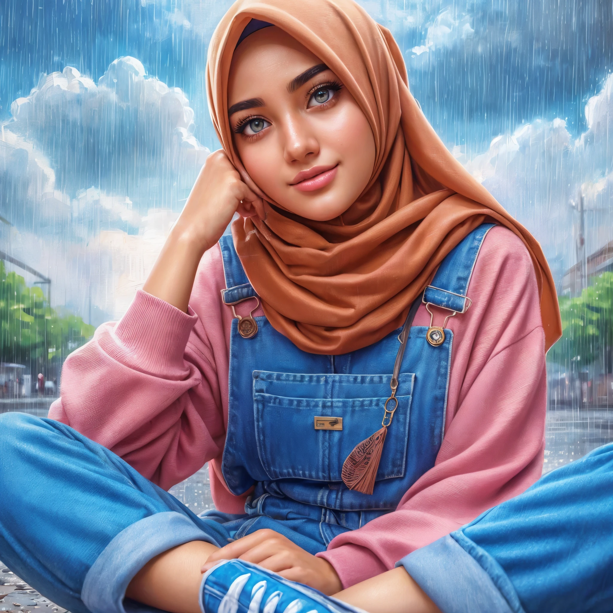 painting of a woman in a hijab sitting on the ground, realism artstyle, realistic cute girl painting, photorealistic!!!!!!! art style, realistic artstyle, realism art, realism painting, realism art style, raining portrait, hyperrealism artstyle, trending on artstration, 🤤 girl portrait, realistic art style, realistic painting, high quality portrait, realistic picture, hyperrealistic picture