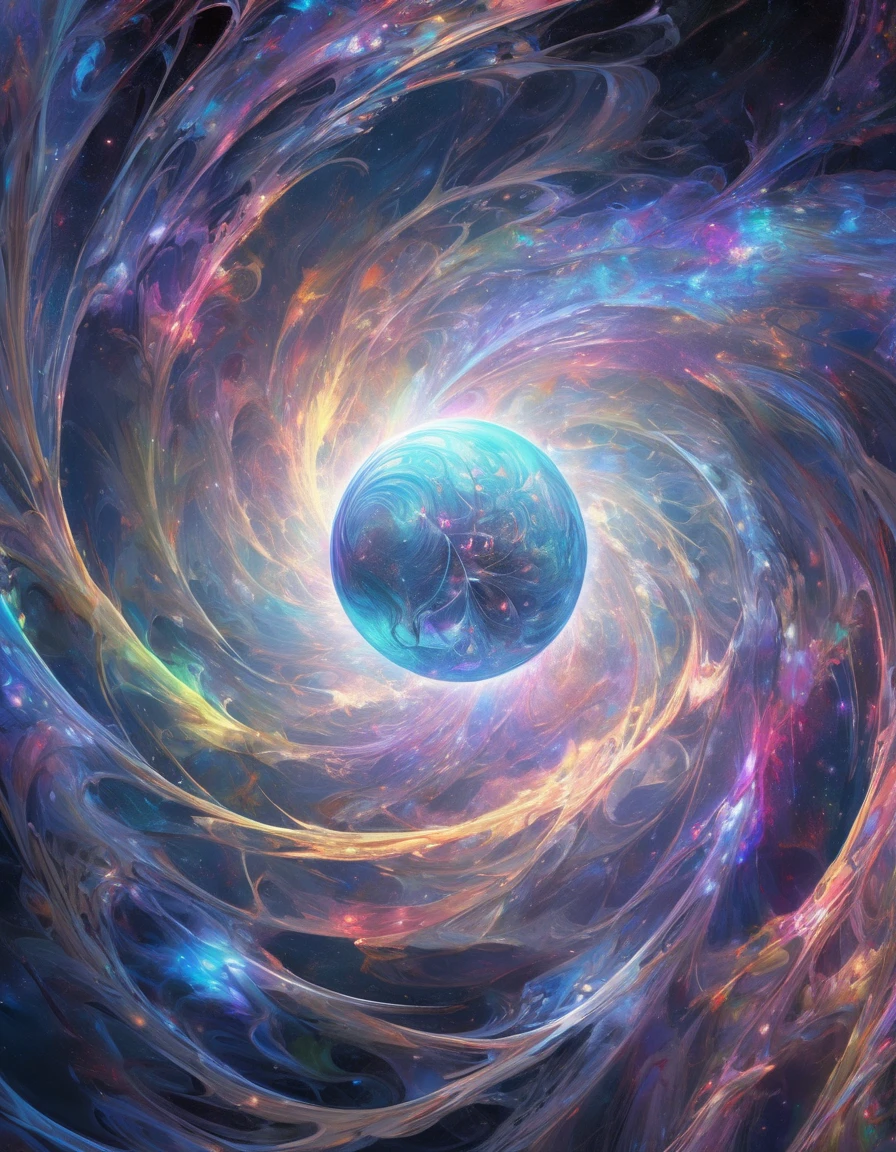 A captivating digital artwork portraying a mesmerizing fractal universe, where luminous entities dance in a cosmic ballet. The focal point of the piece is a pulsating orb of iridescent hues, emitting a bright light that cascades in vibrant waves. The orb is surrounded by intricate fractal tendrils, spiraling and twisting like celestial tendrils reaching out into the void. The overall atmosphere of the artwork is a fusion of technology and imagination, offering a glimpse into a realm where light and mathematics come together to create otherworldly beauty.