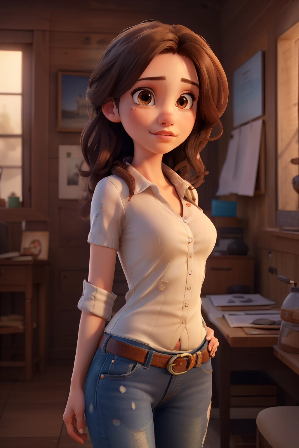 ((best quality)), ((masterpiece)), (detailed), perfect face (8k, RAW photo, best quality, masterpiece:1.2), (realistic, photo-realistic:1.37), ultra-detailed,(detailed beautiful girl:1.4),1 girl,brown eyes,cowboy shot,Lauren Patrick,shirts,slender,((looking at viewer))