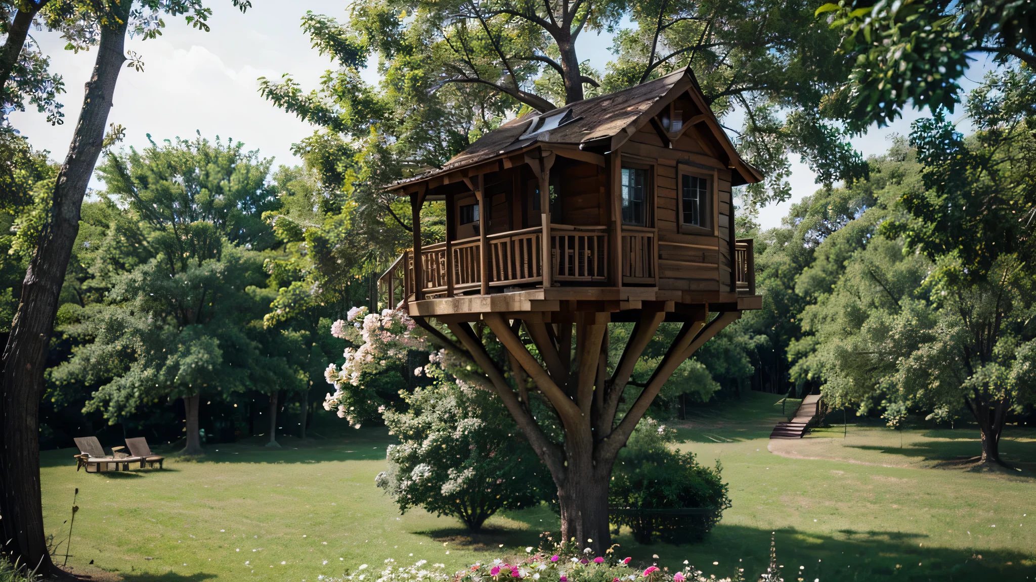 cabane dans les arbres avec des fleurs