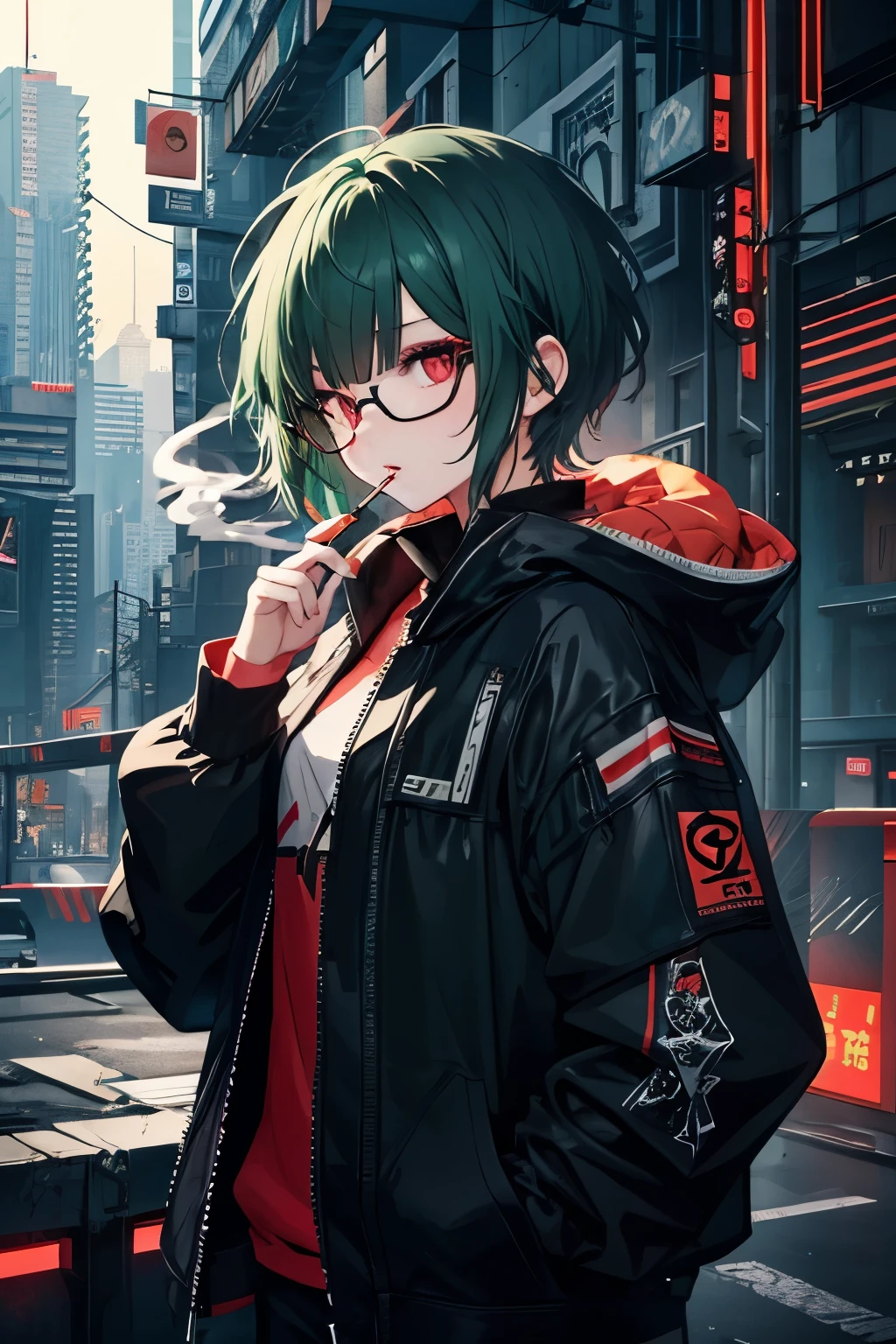 girl、dark green hair、eyes glowing red、wearing black glasses、short hair、messy hair、black cyberpunk clothing、smoking girl、fantasy、China、Top quality illustrations、anime、Character Design、illustration
