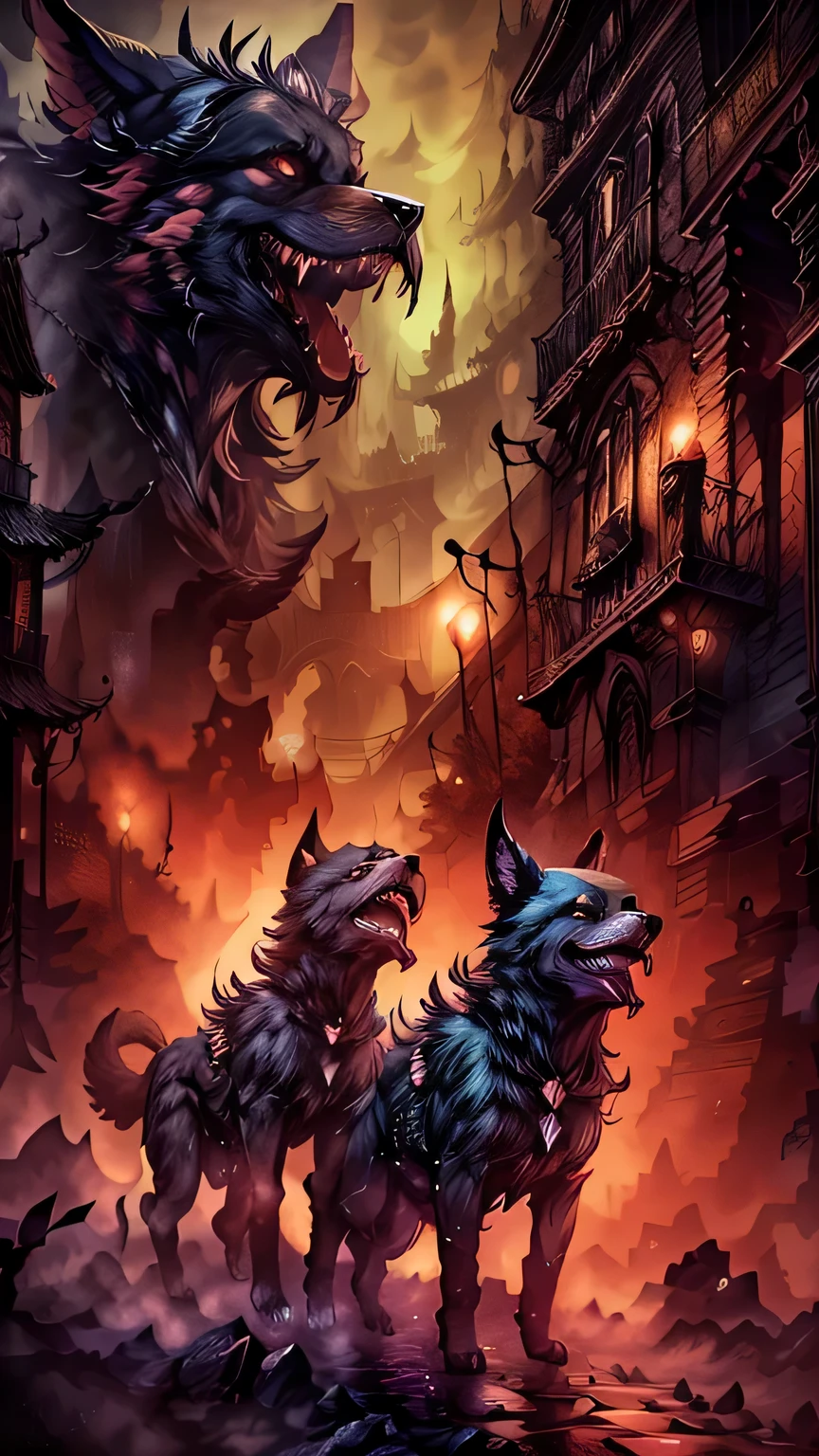 A pack of three dogs walk through a burning city, hell dog, hell dog, revelation Art!!!!, author: Alexis Brillo, revelation Art, author: Ignatius Zuloaga, stylized urban fantasy art, phone wallpaper, wolf in hell, revelation, Dan Mumford Octane Rendering, Ivan Mestrovich, author：james gurney
